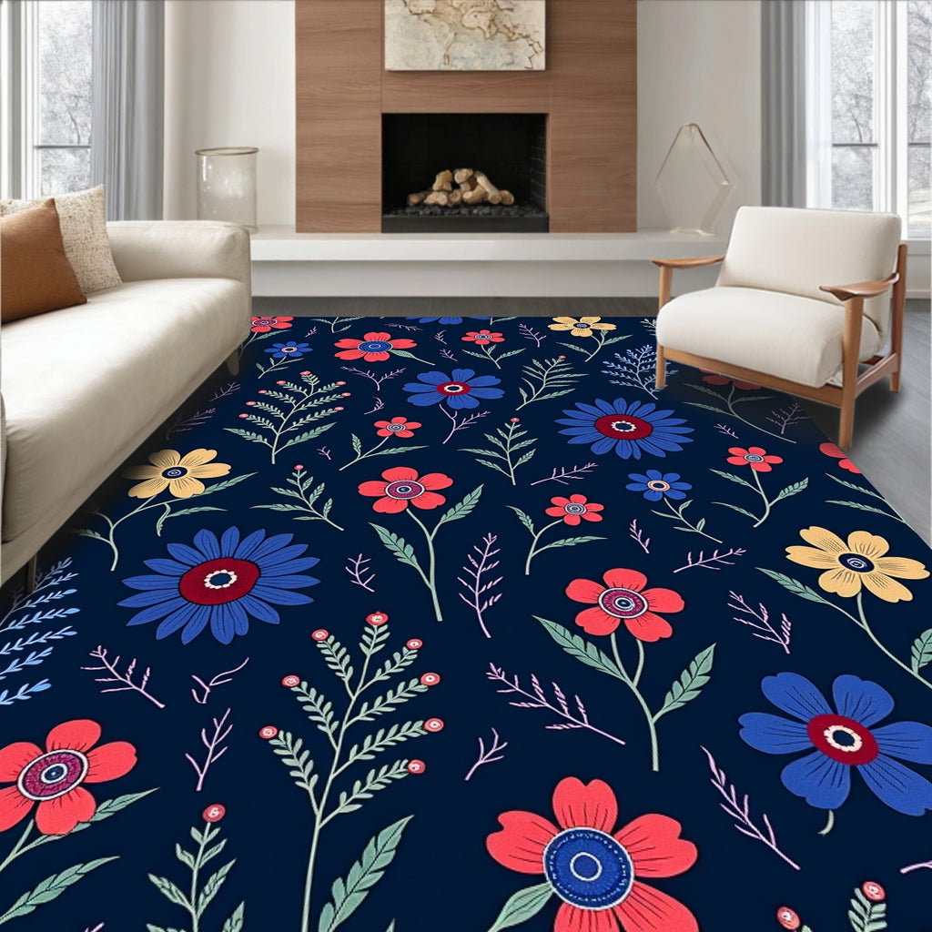 Floral Pattern With Red Blue Yellow Flowers Rug