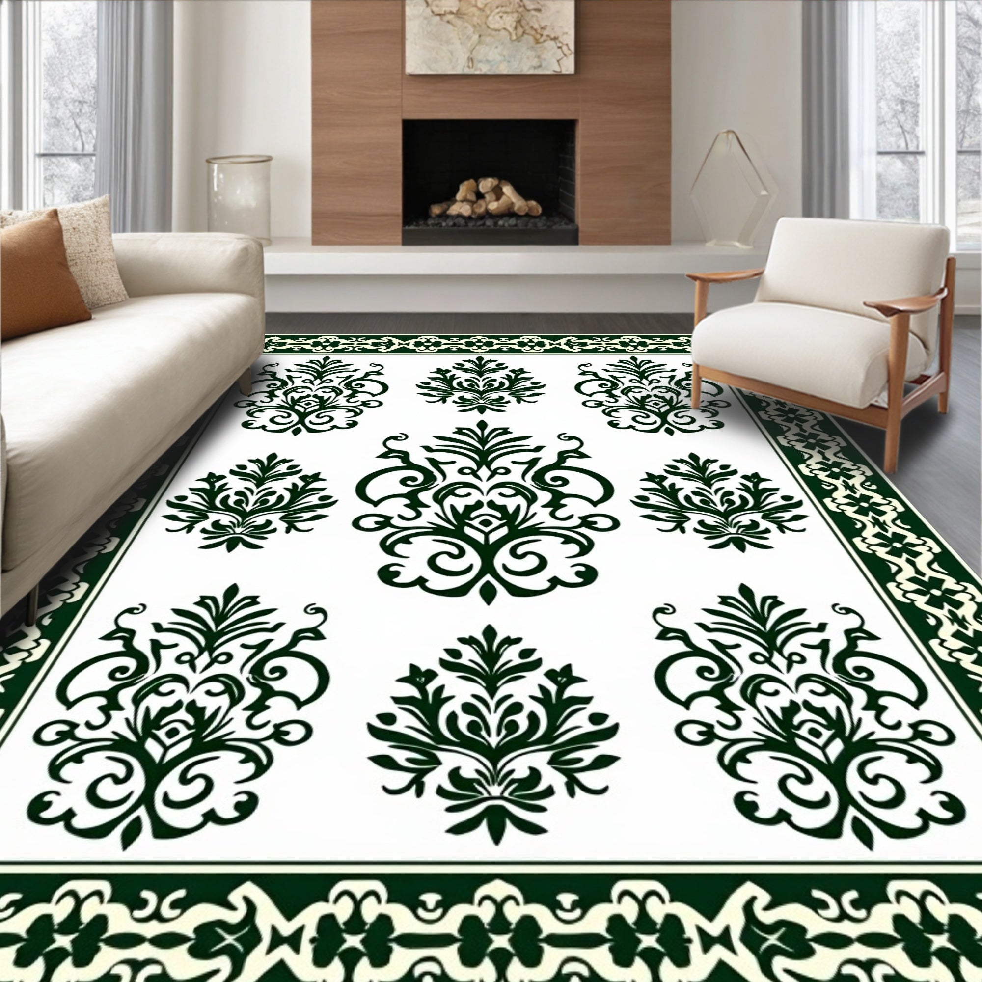 Traditional Damask Floral Scroll Pattern Rug