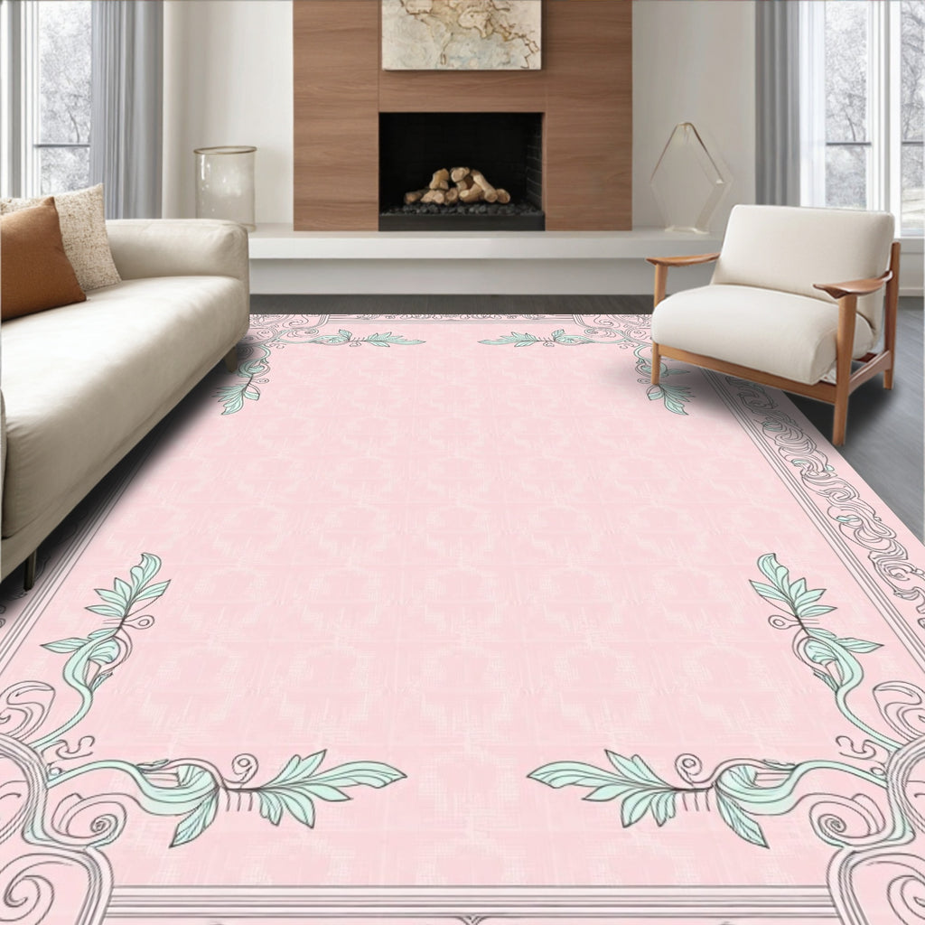 Pastel Pink Ornate Floral Frame Rug