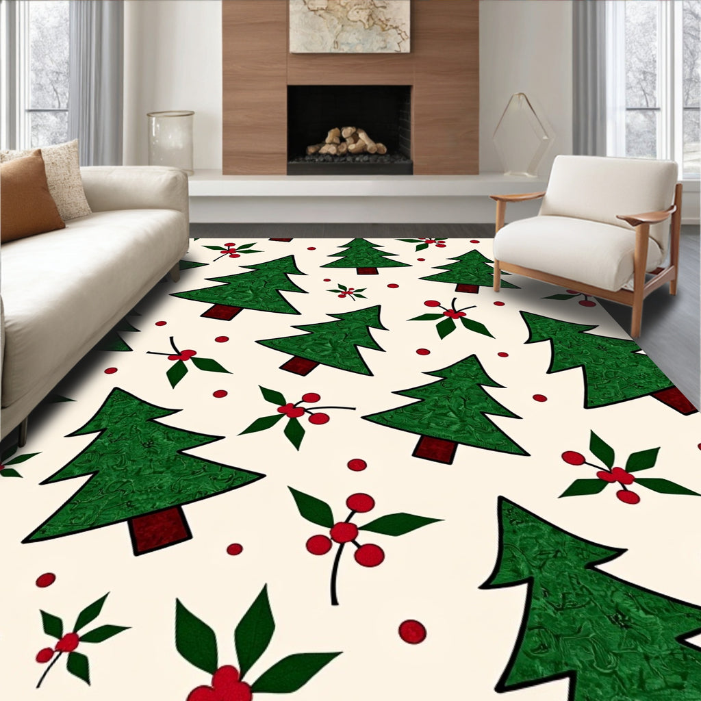 Festive Green Tree Holly Berry Pattern Rug