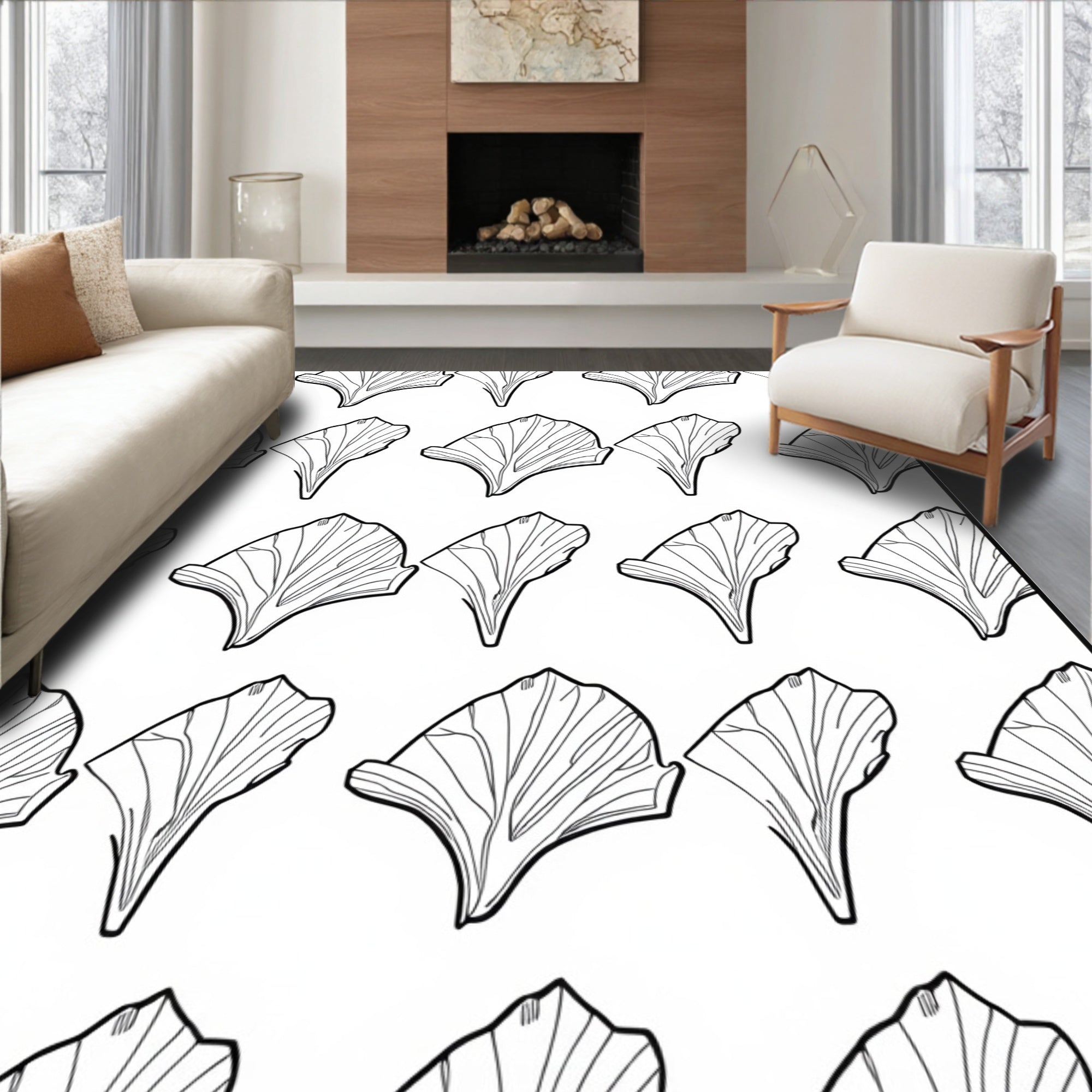 Organic Leaf Pattern Black White Rug