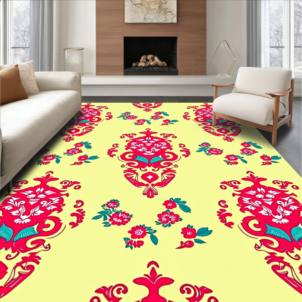 Red Floral Damask Pattern Rug