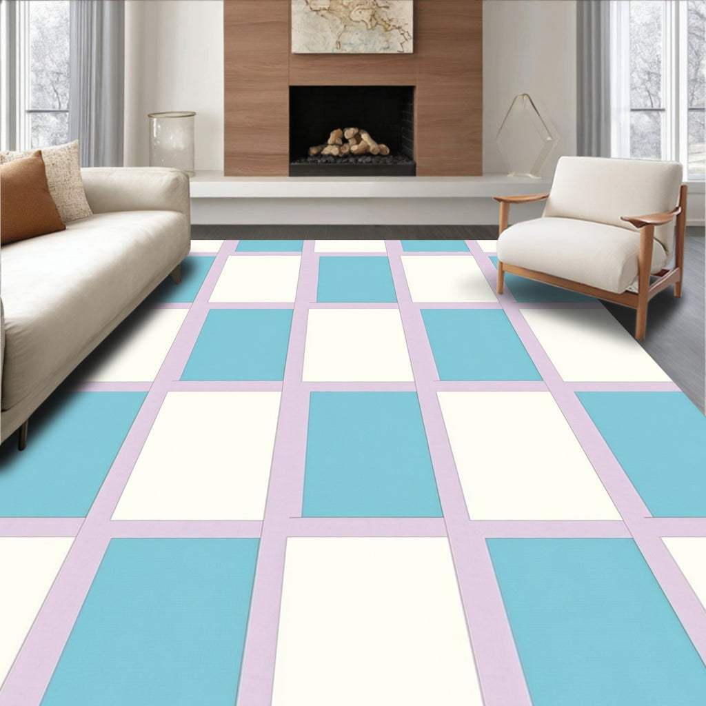 Pastel Blue White Grid Composition Rug