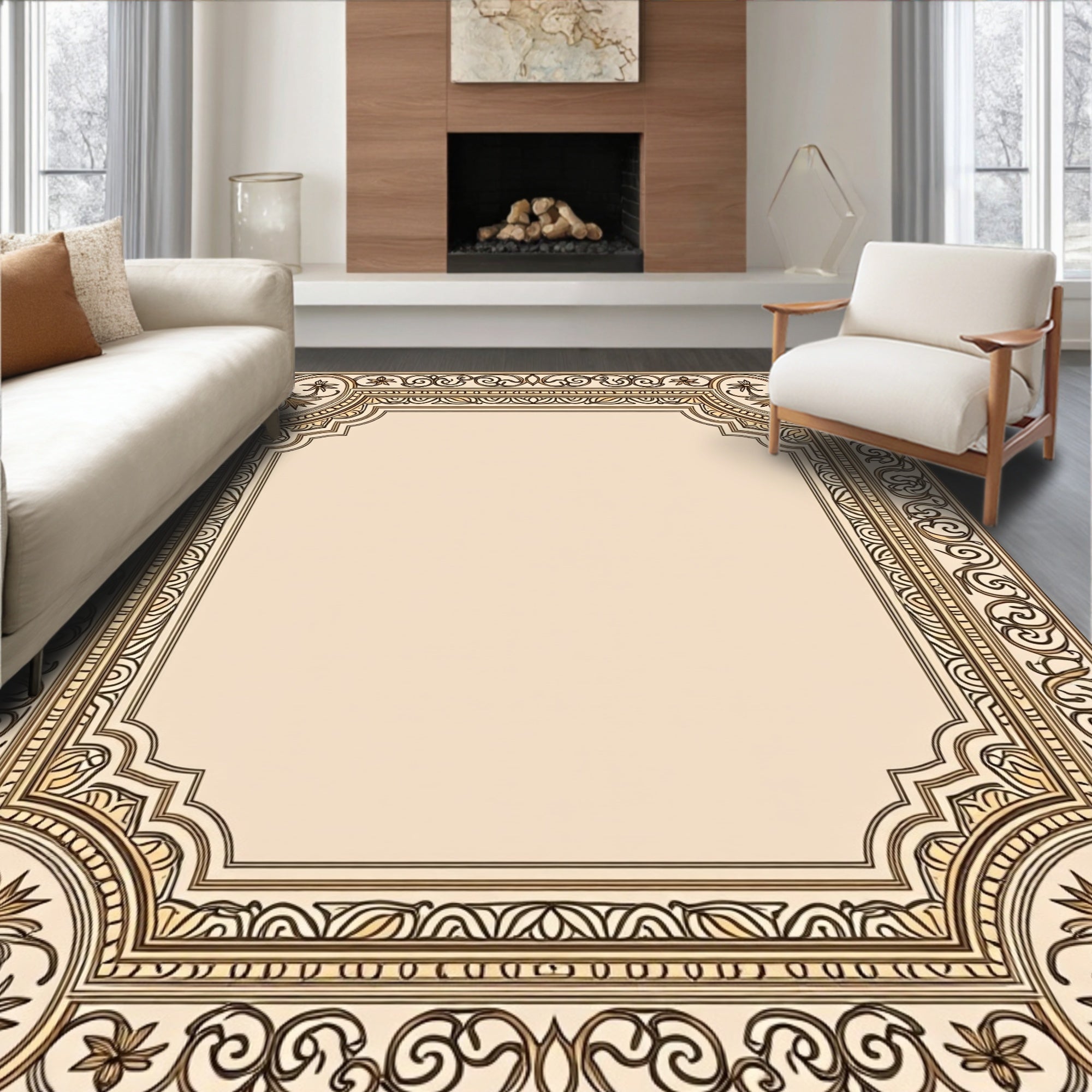 Elegant Floral Scrollwork Golden Border Rug