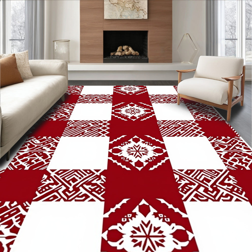 Red White Geometric Motif Squares Rug