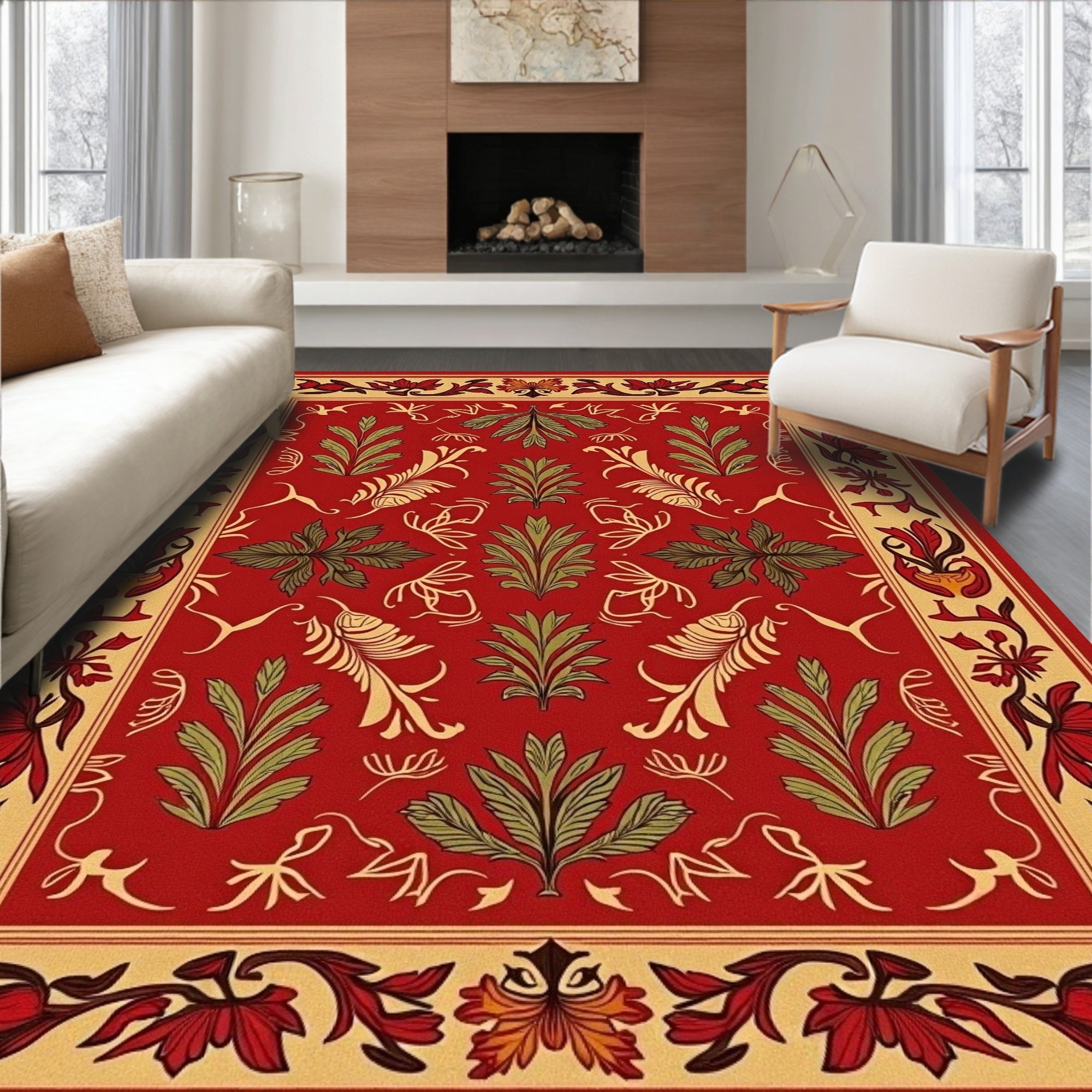 Ornate Red Floral Scrollwork Design Rug