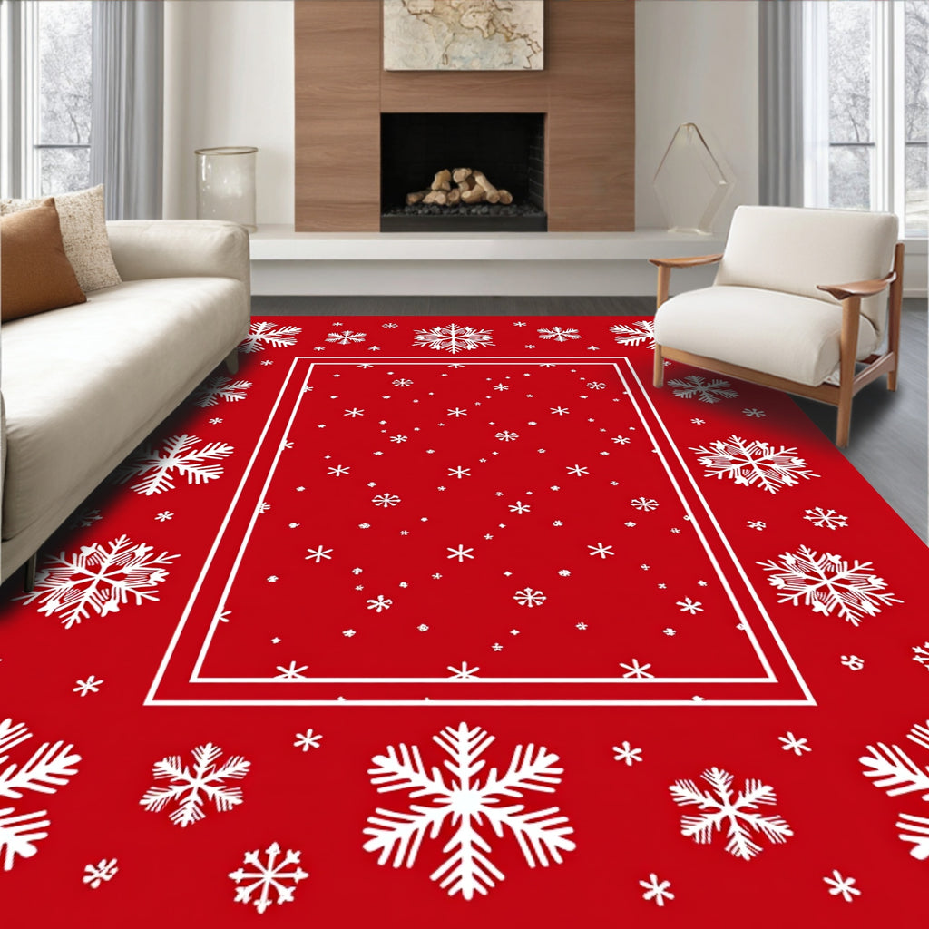 Festive Red White Snowflake Border Rug