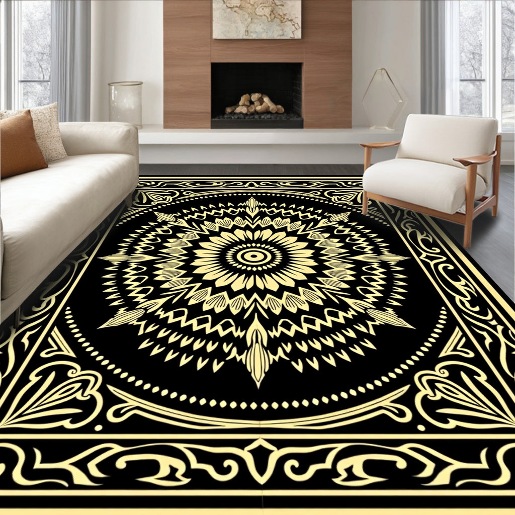 Black Gold Floral Mandala Frame Rug