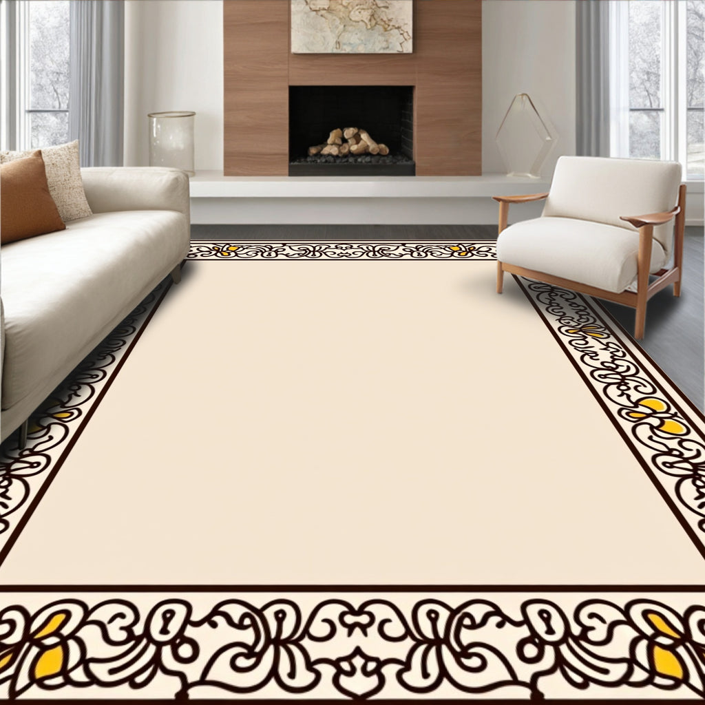 Ornate Yellow Floral Swirl Border Design Rug