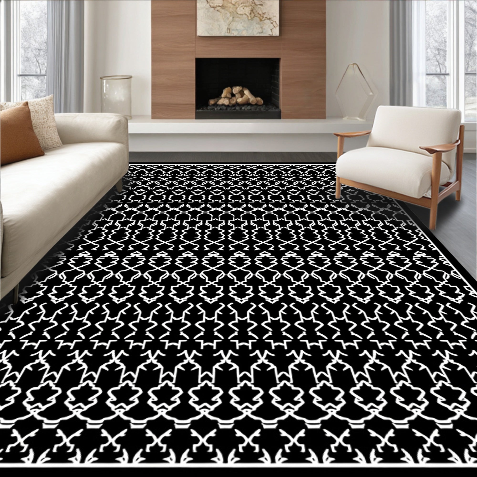 Intricate White Geometric Pattern Rug