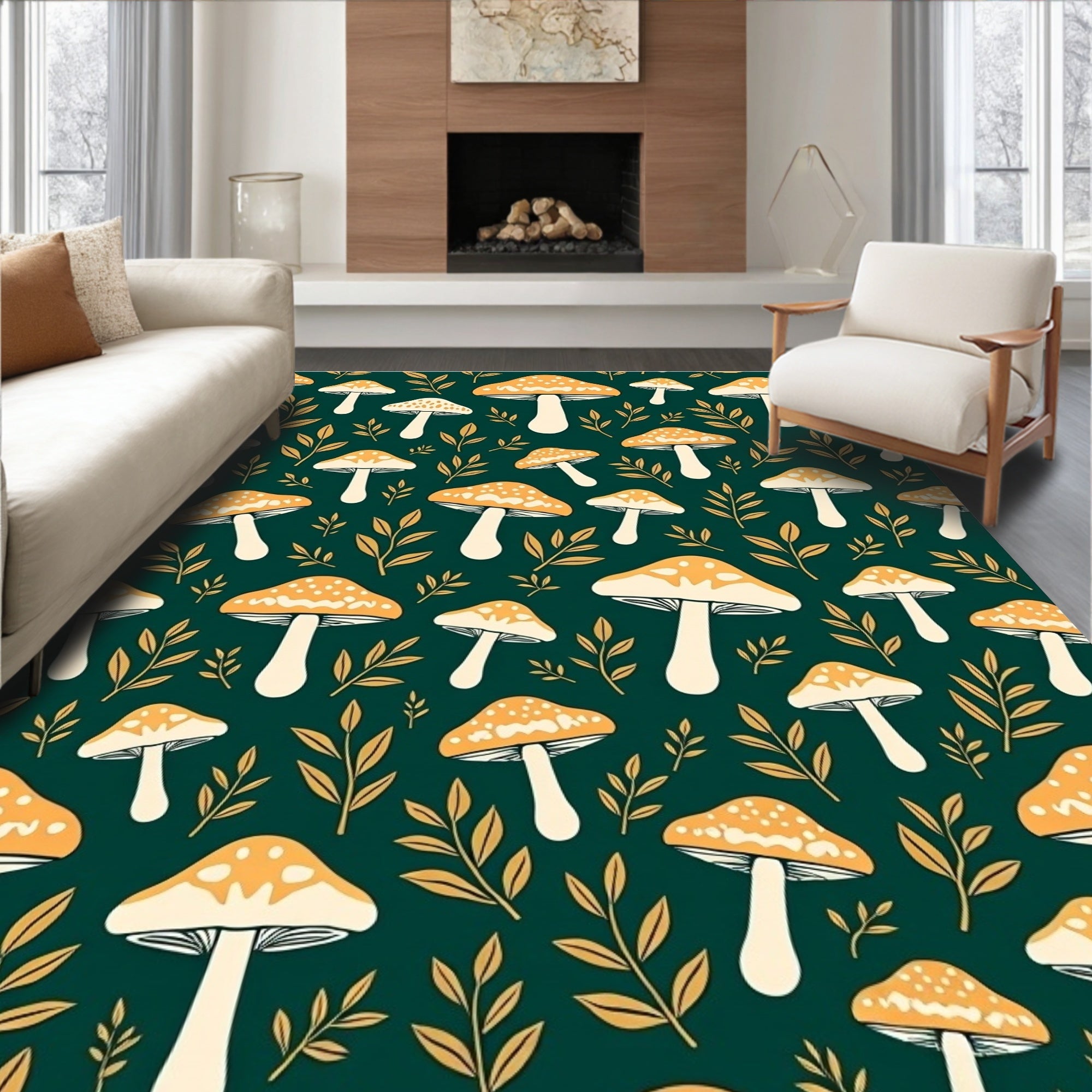Whimsical Mushroom Leaf Pattern Rug