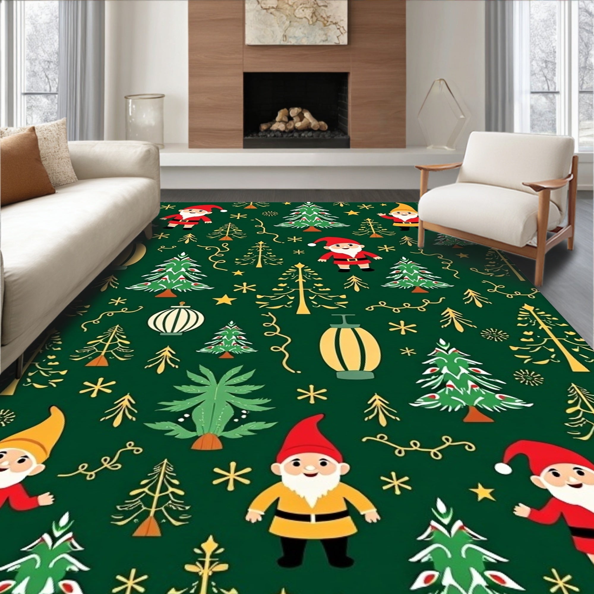 Festive Gnome And Christmas Tree Scene Rug