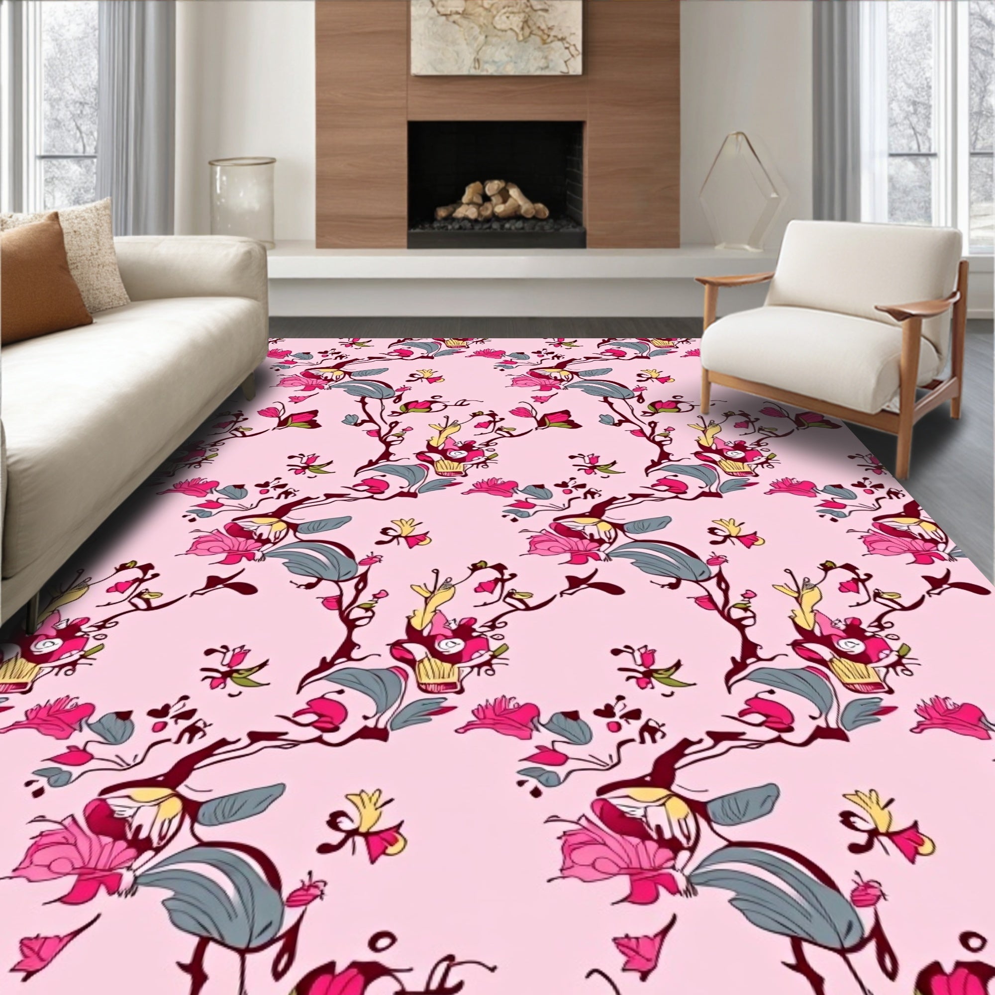 Pink Floral Branch Pattern Rug