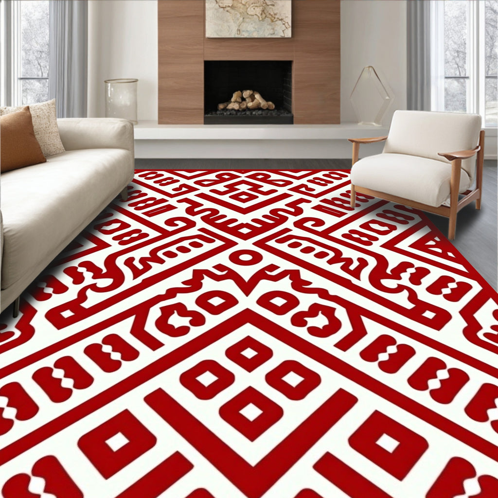 Bold Red Geometric Ancient Pattern Rug