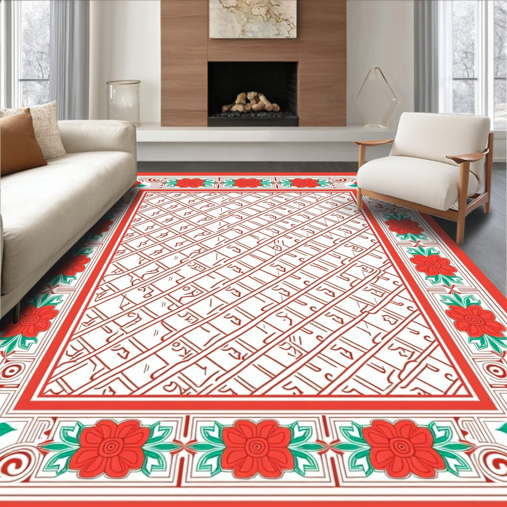 Red Floral Border Geometric Center Rug