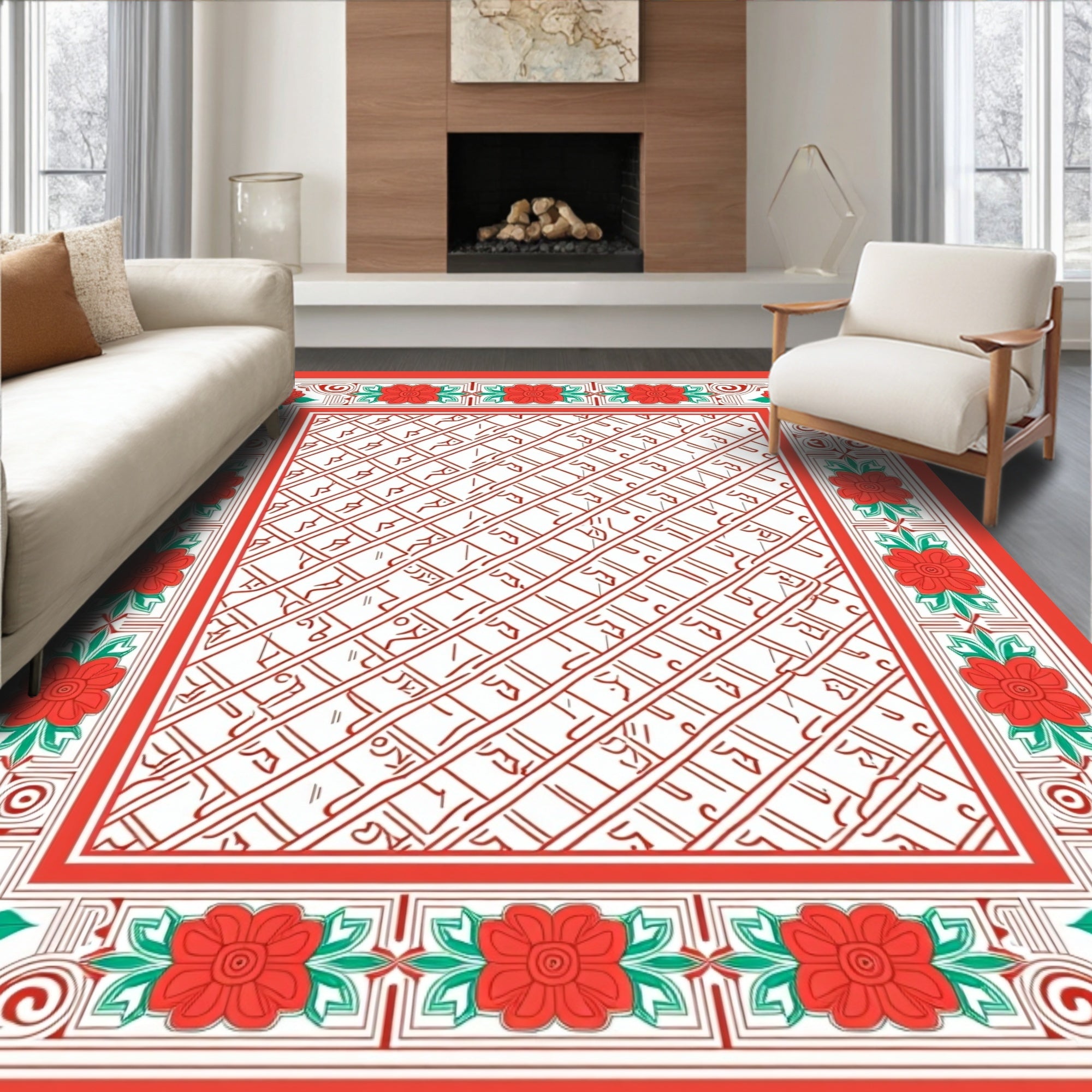 Red Floral Border Geometric Center Rug