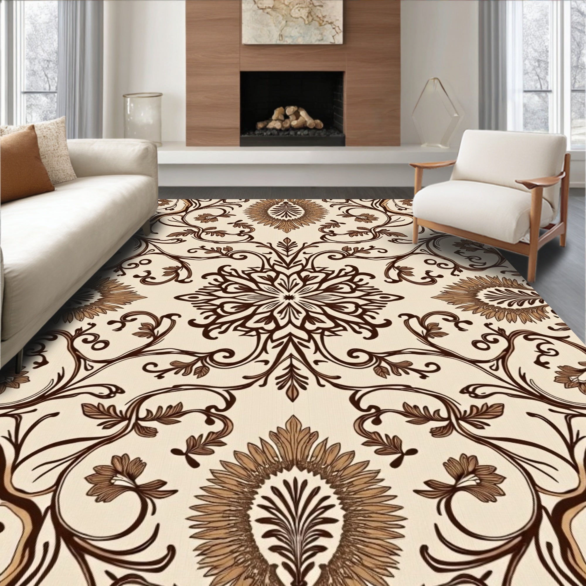 Elegant Brown Floral Medallion Pattern Rug