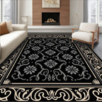 Classic Black Floral Scroll Design Rug