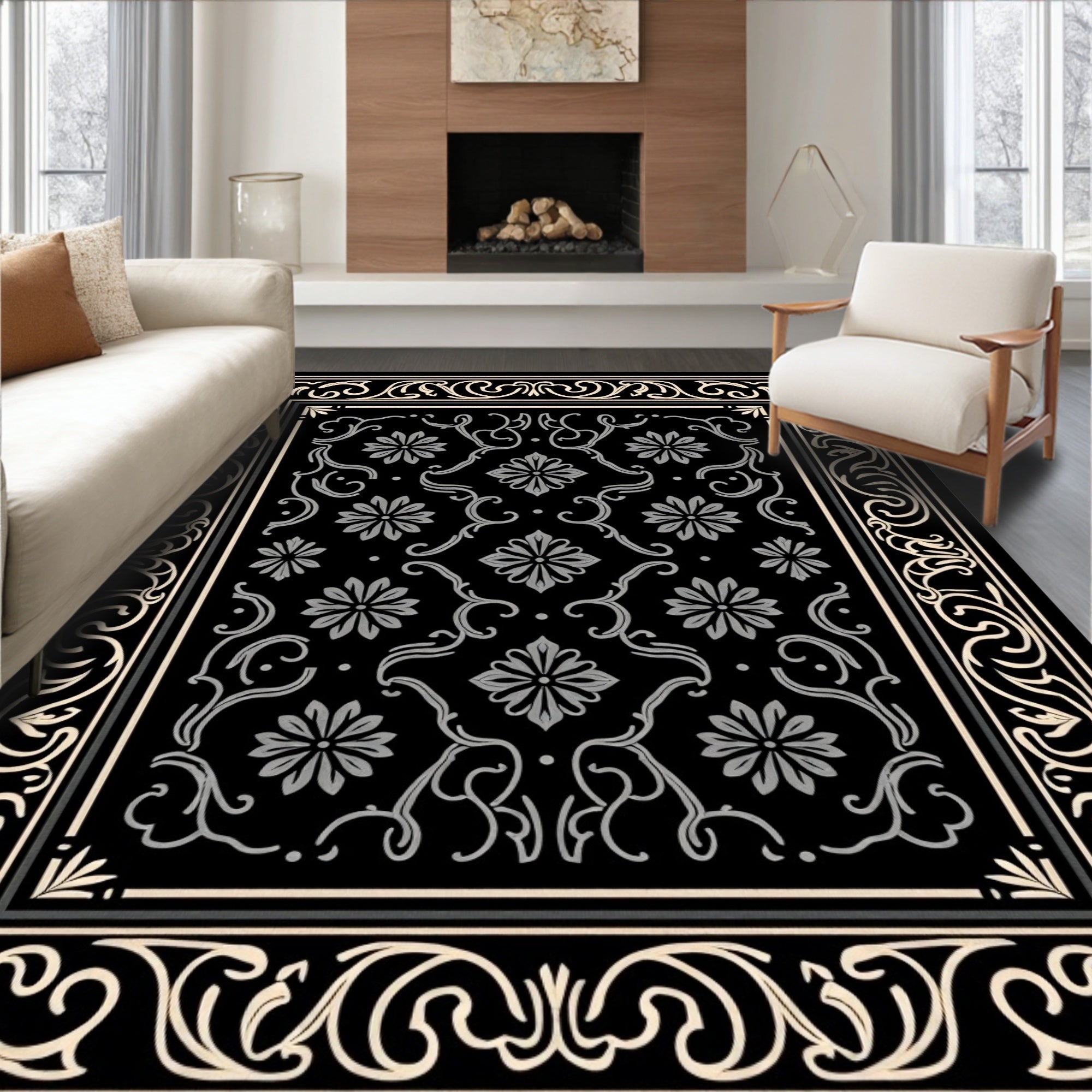 Classic Black Floral Scroll Design Rug