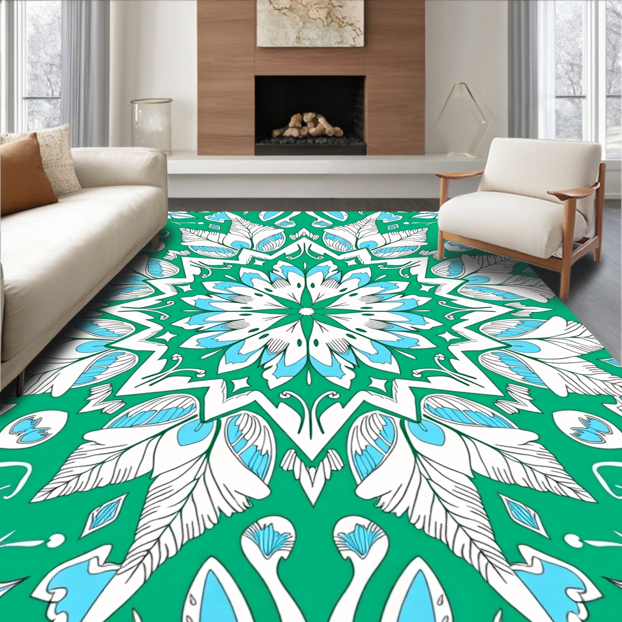 Green White Blue Mandala Pattern Rug