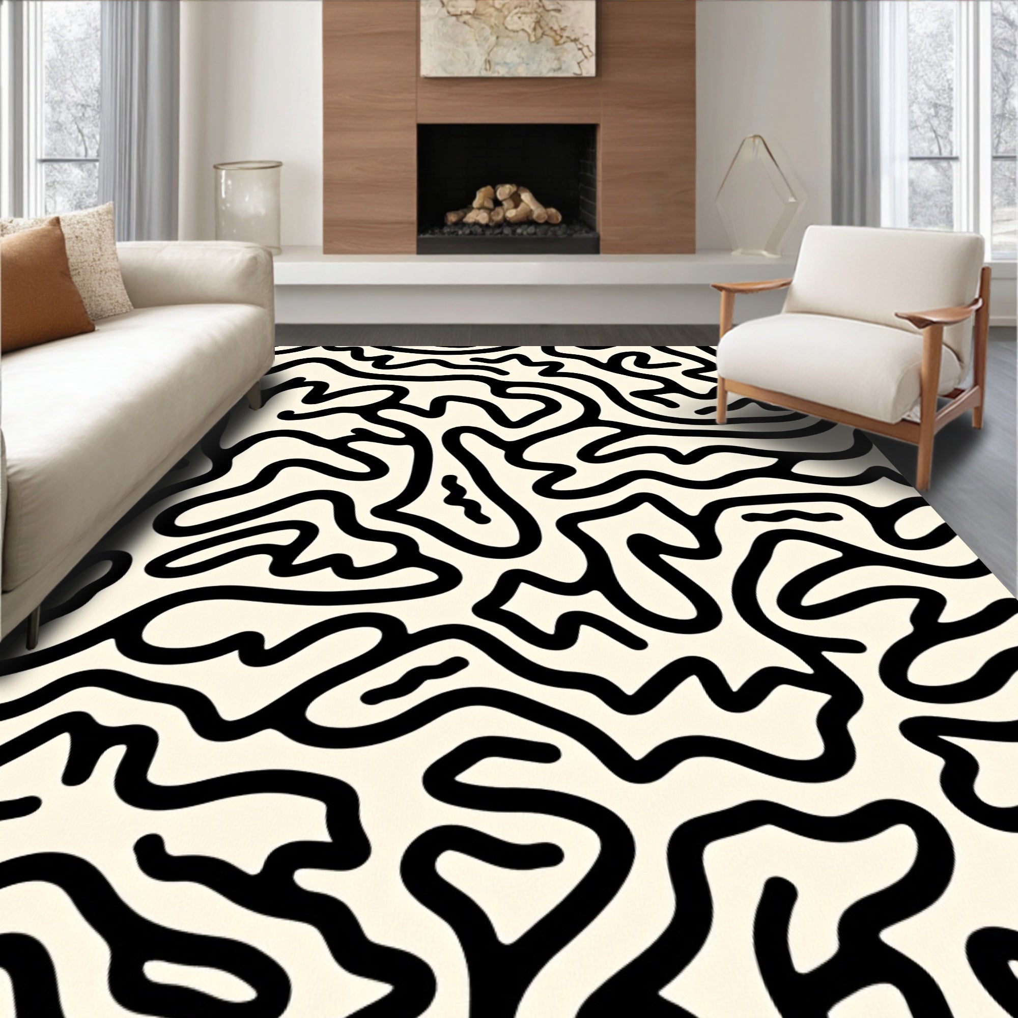 Abstract Black Swirl Cream Pattern Rug