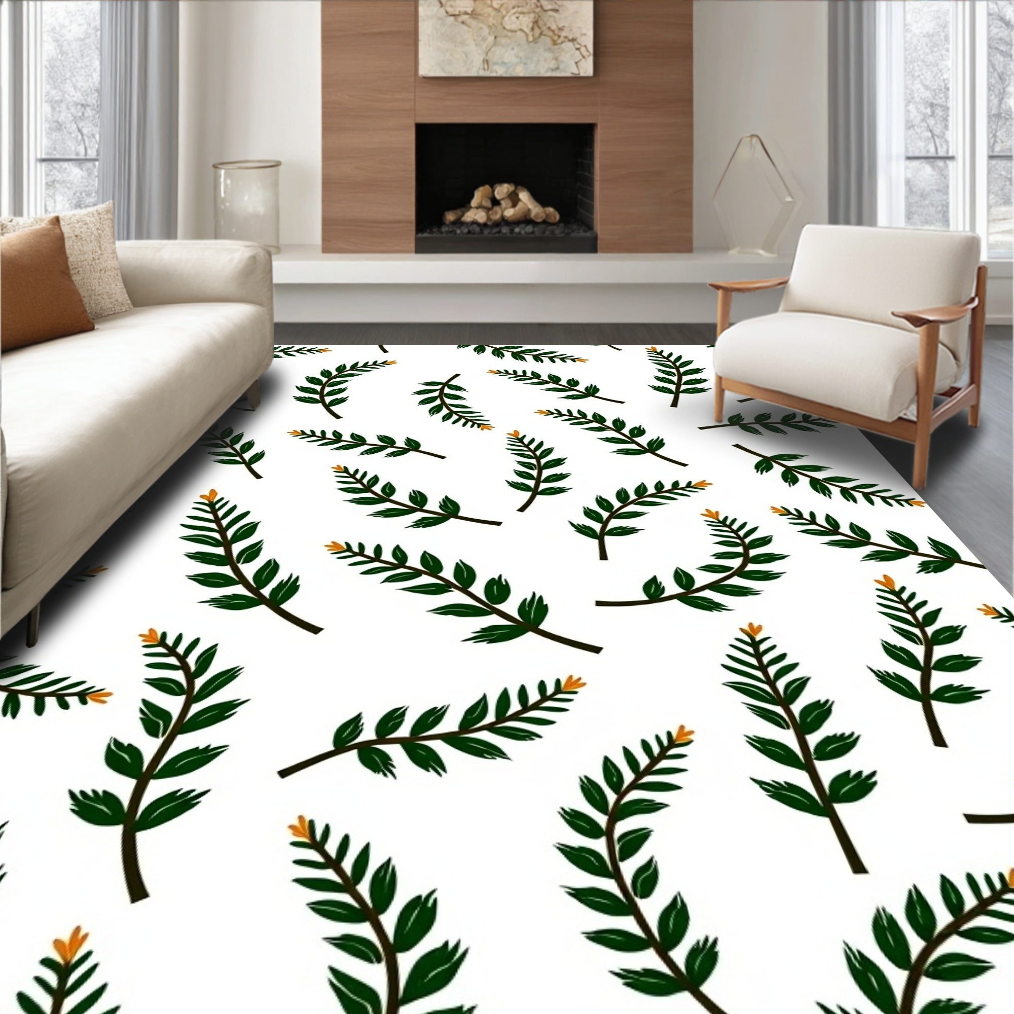 Green Leafy Branch Arrangement Rug