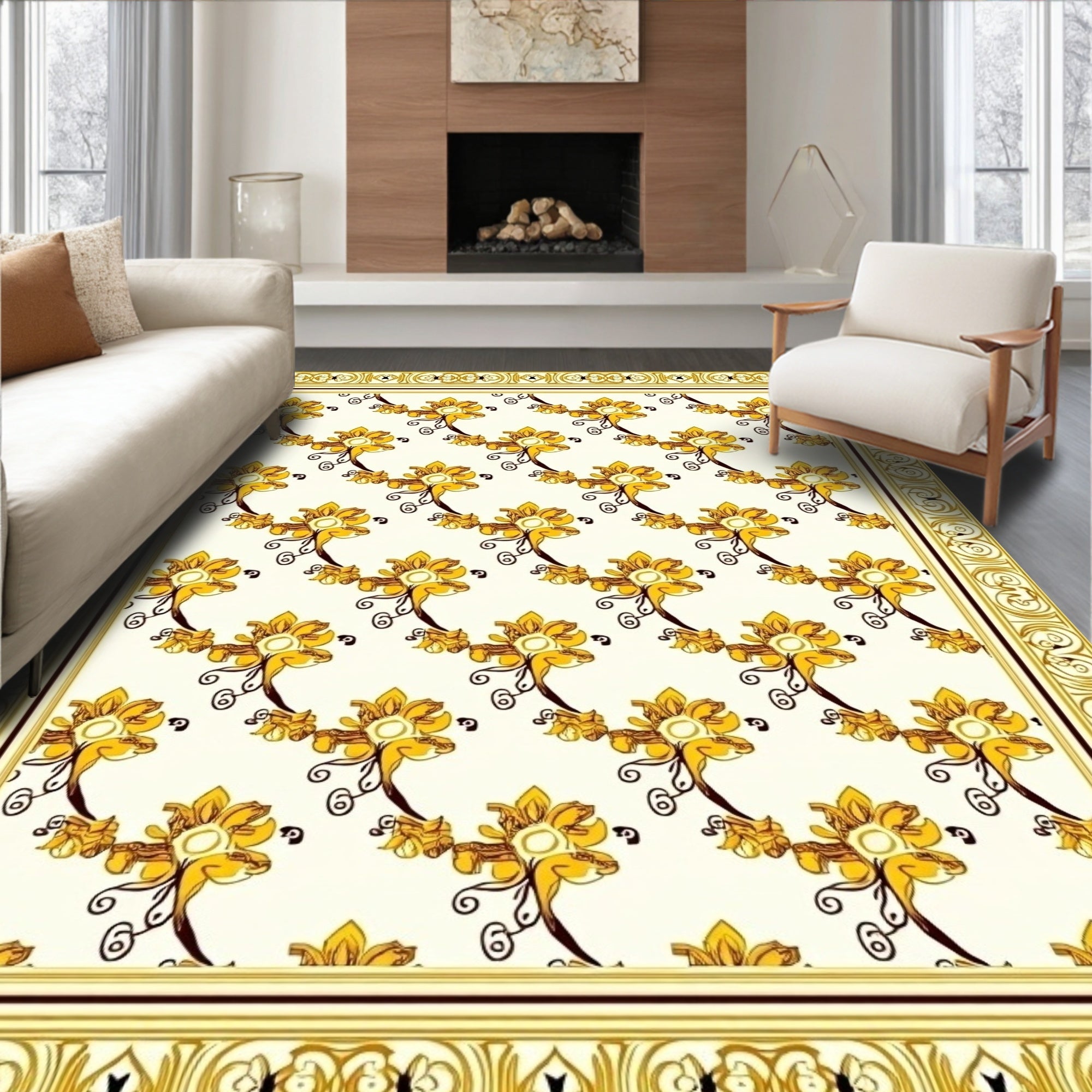 Golden Floral Vine Pattern Rug