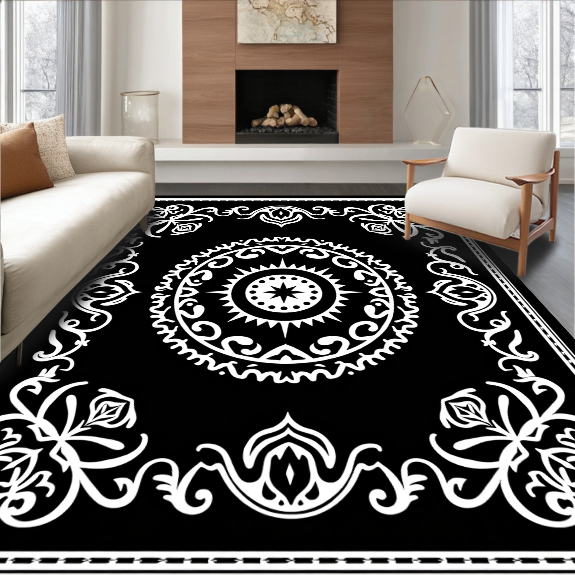 Ornate Floral Mandala Black and White Design Rug