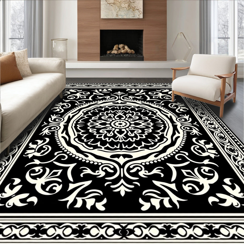 Ornate Black White Mandala Rug