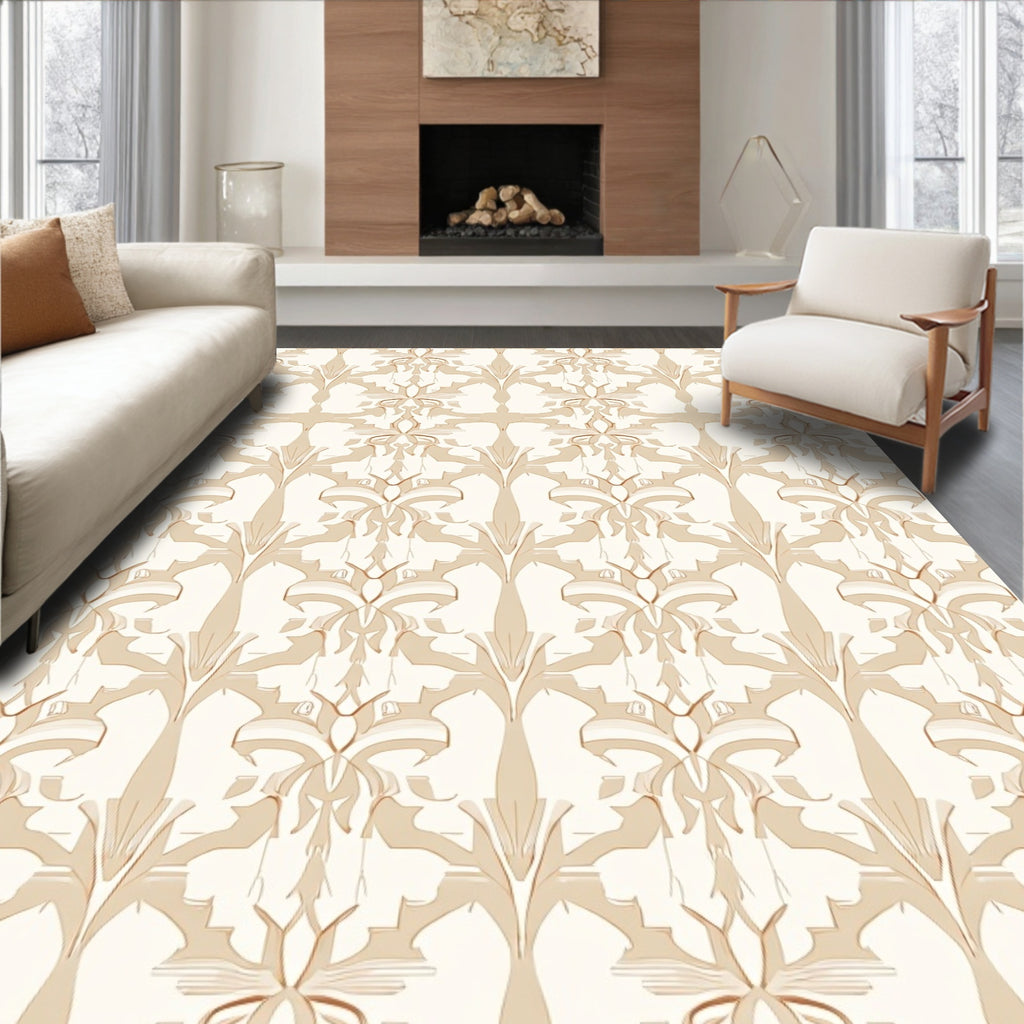 Elegant Tan Floral Art Nouveau Design Rug