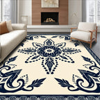 Dark Blue Floral And Leaf Pattern Rug