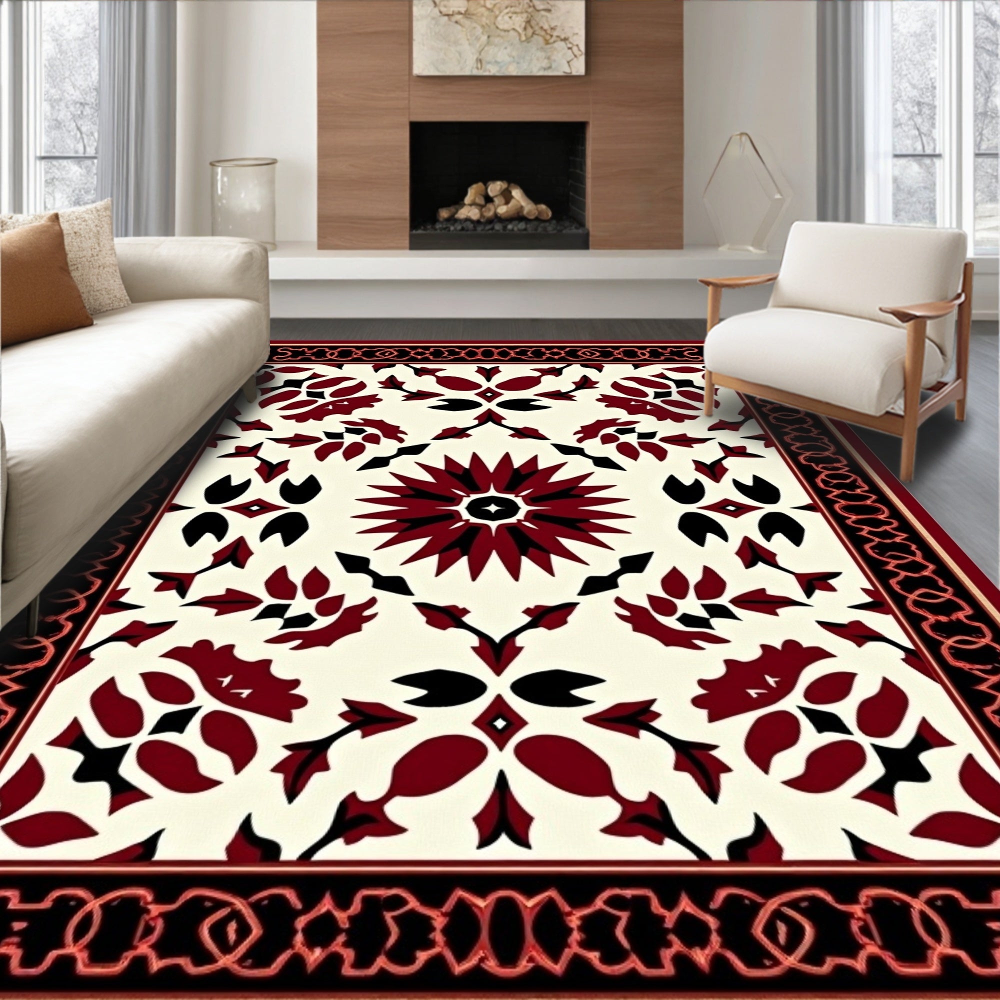 Crimson Floral Medallion Pattern Rug
