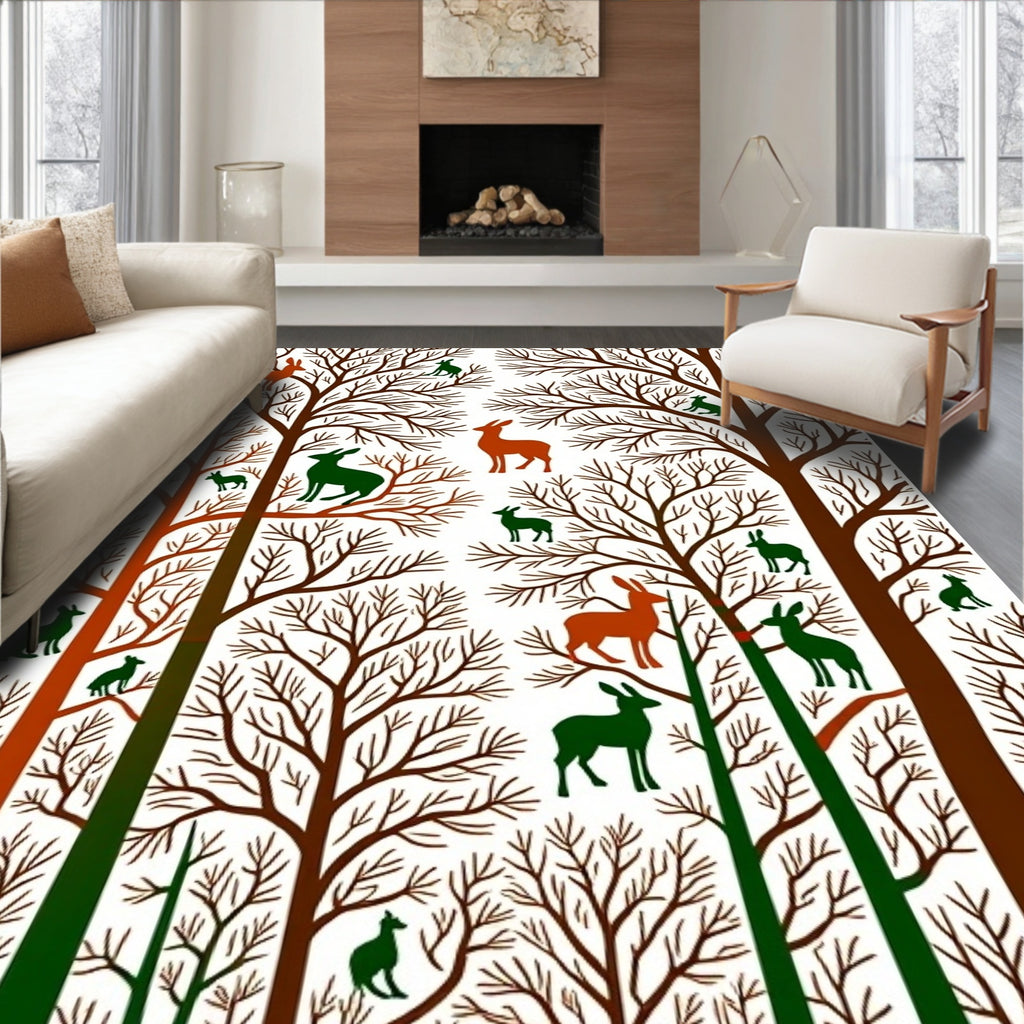 Woodland Animals On Bare Trees Design Rug