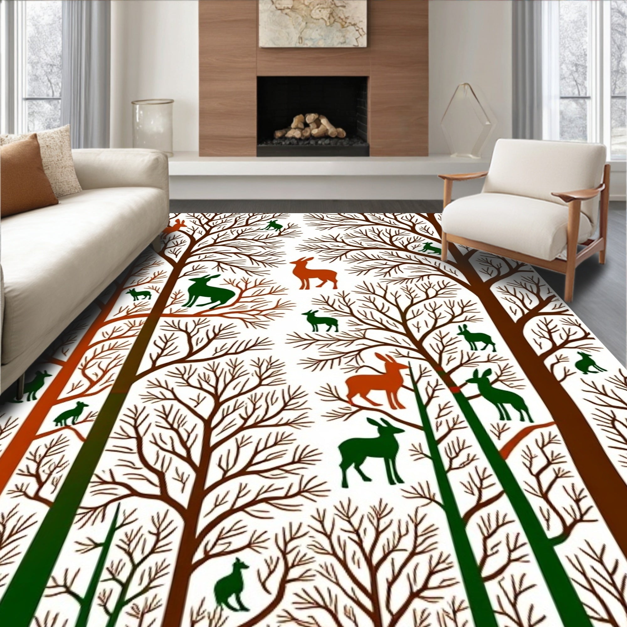 Woodland Animals On Bare Trees Design Rug