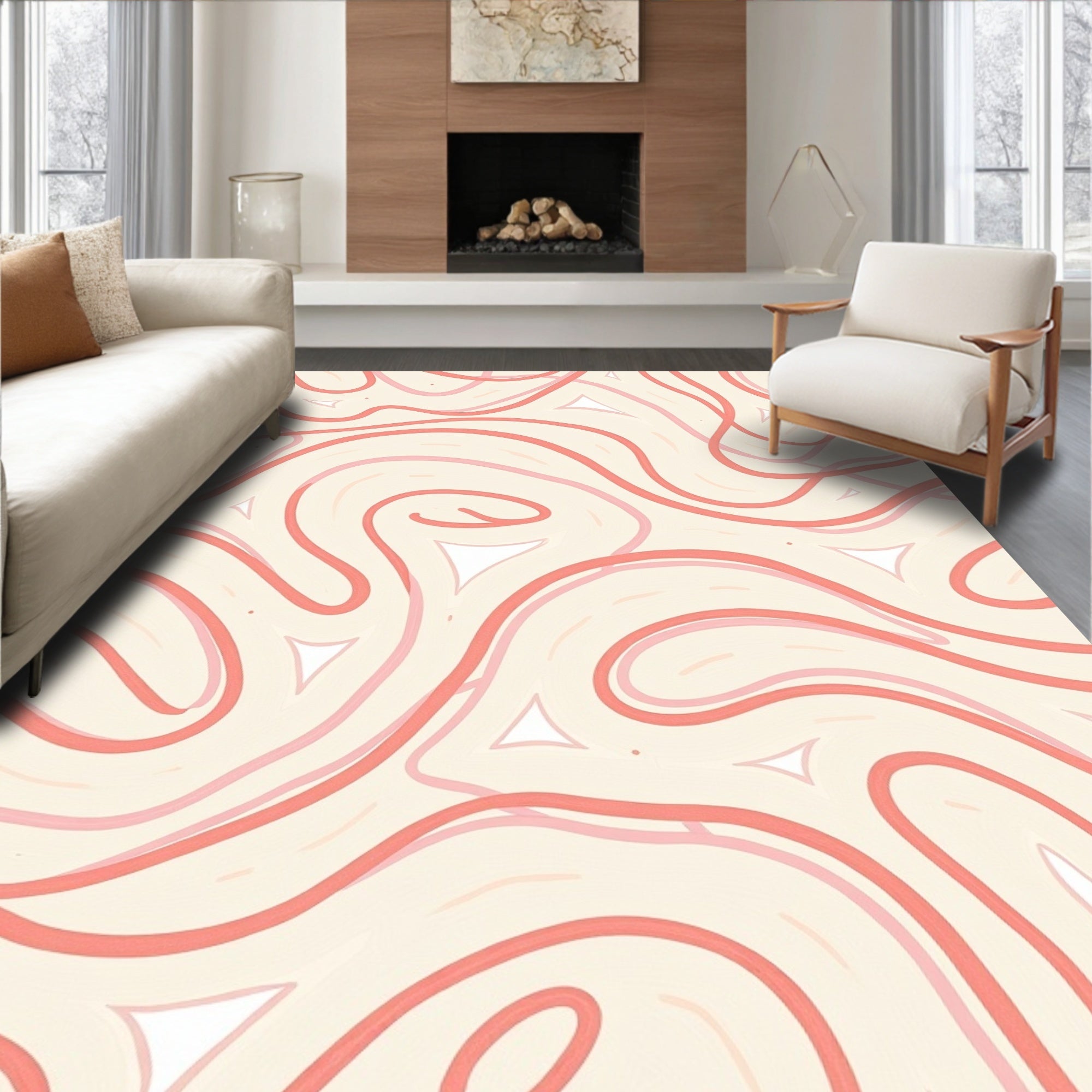 Coral And Cream Swirling Pattern Rug