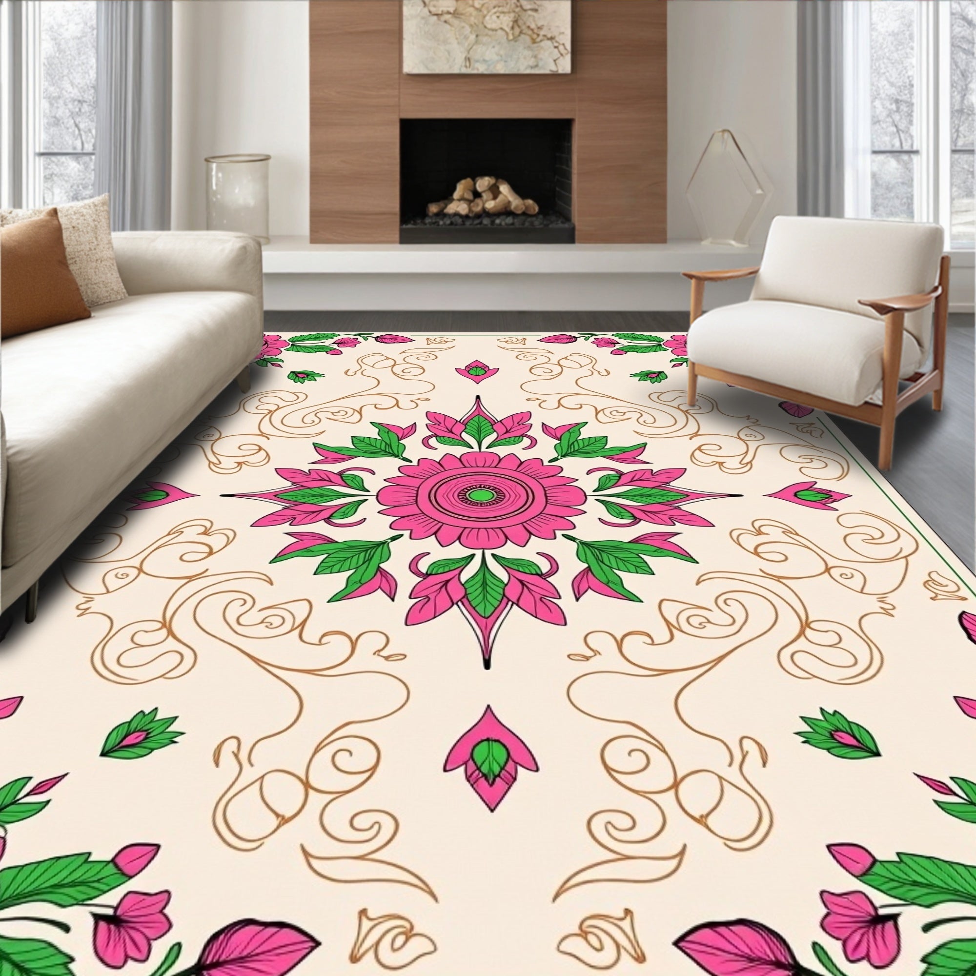 Pink Floral Harmony With Swirls Design Rug