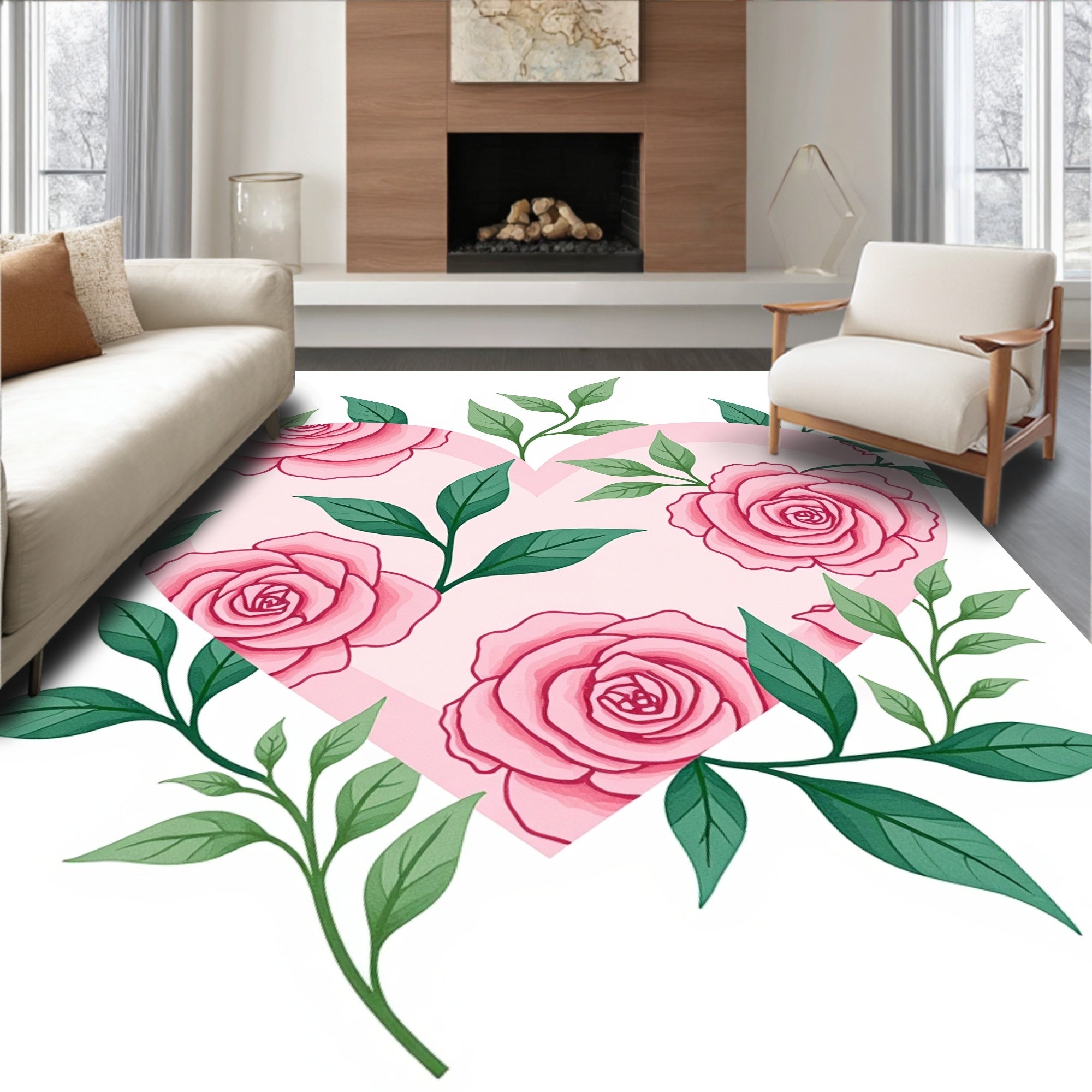 Pink Rose Heart Floral Pattern Rug