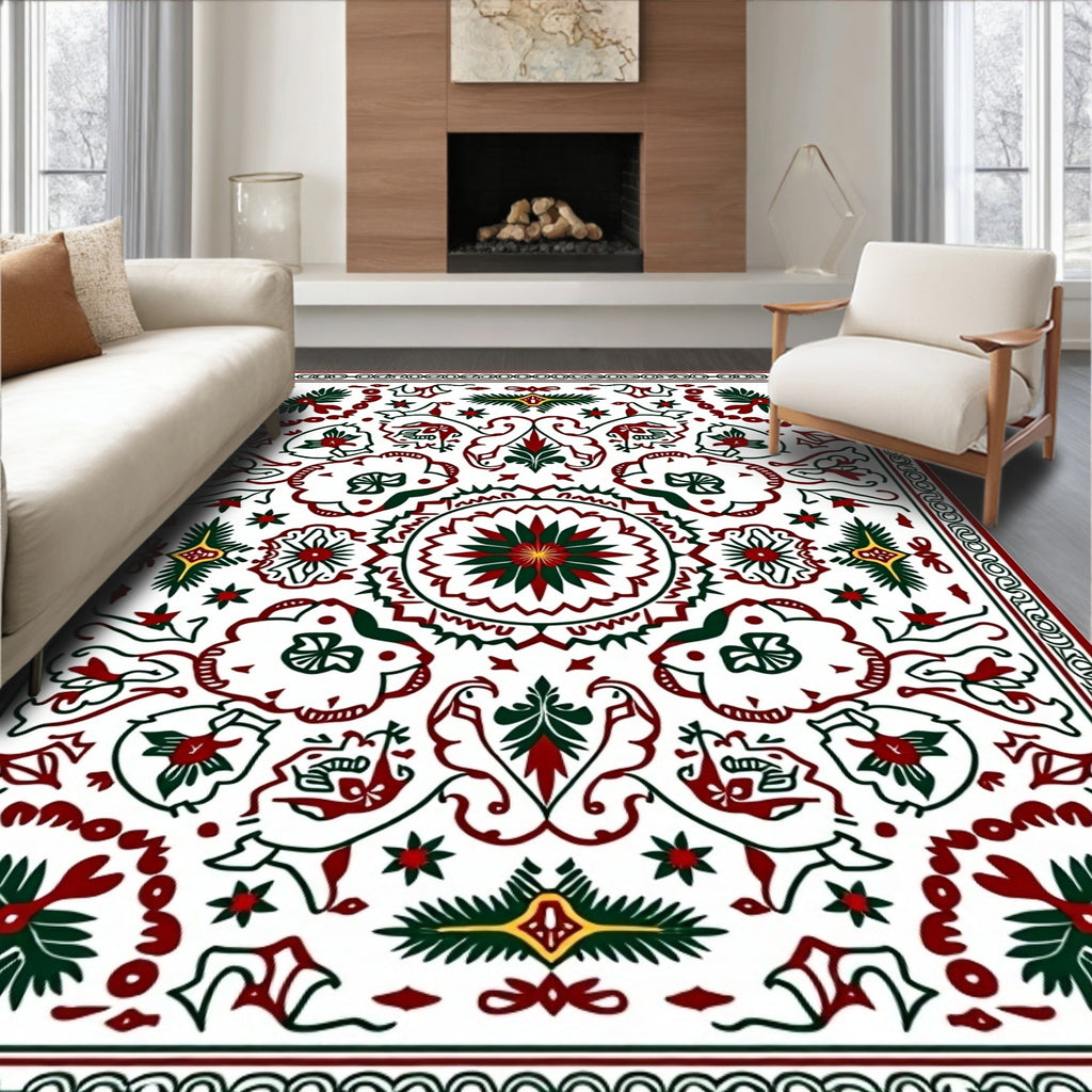 Folk Art Floral Geometric Pattern Rug