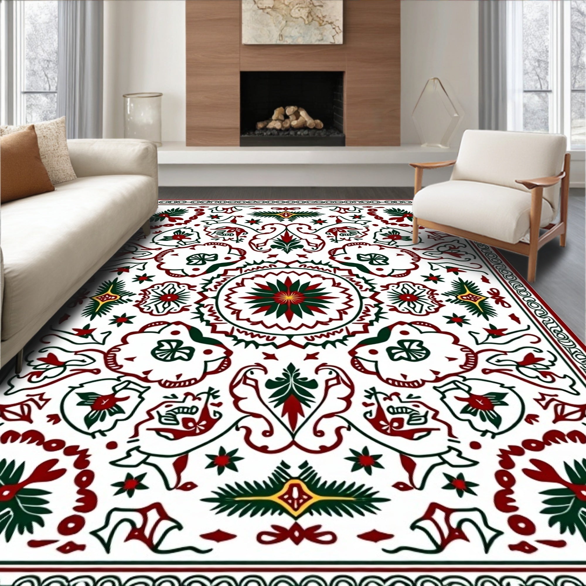 Folk Art Floral Geometric Pattern Rug