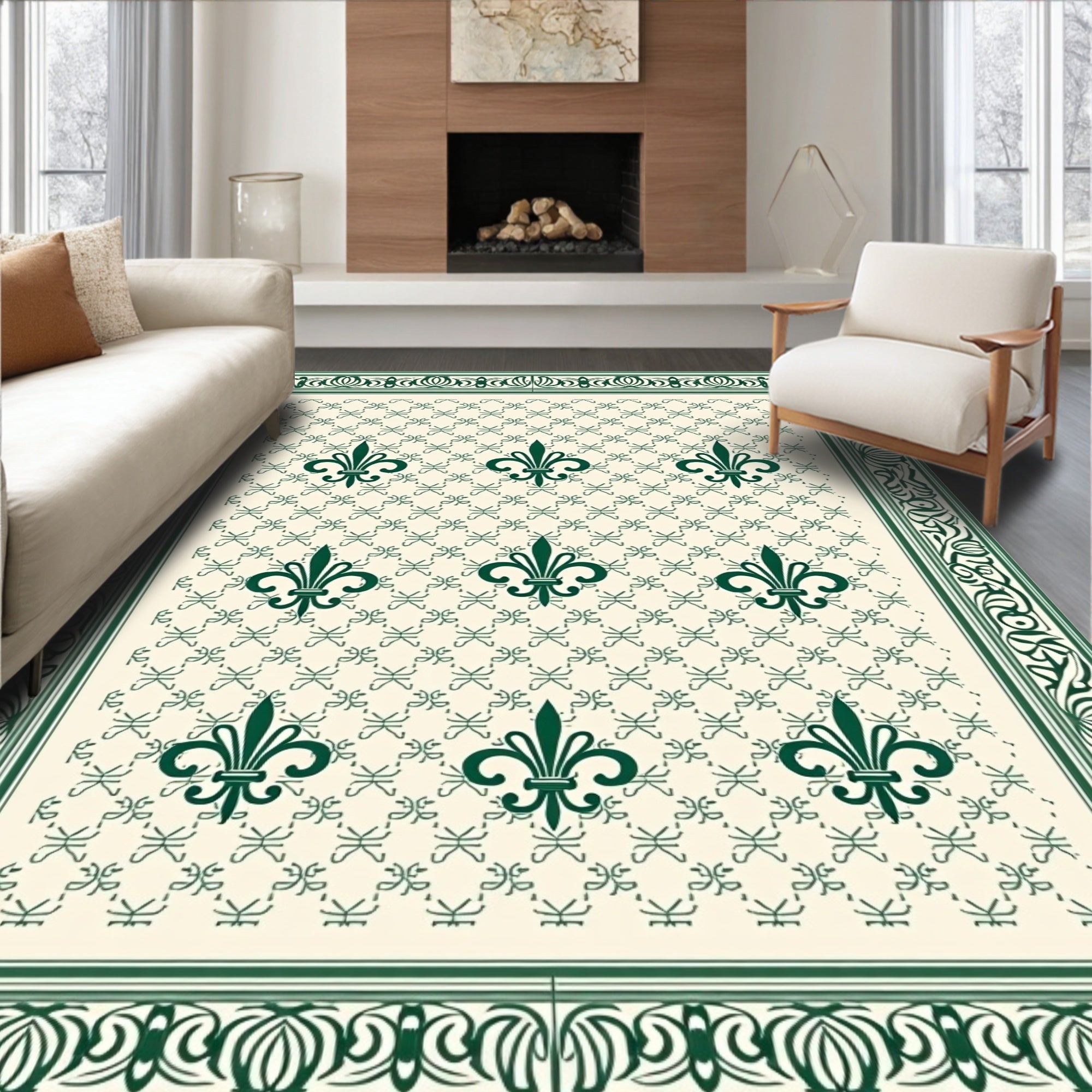Traditional Green Fleur de Lis Pattern Rug