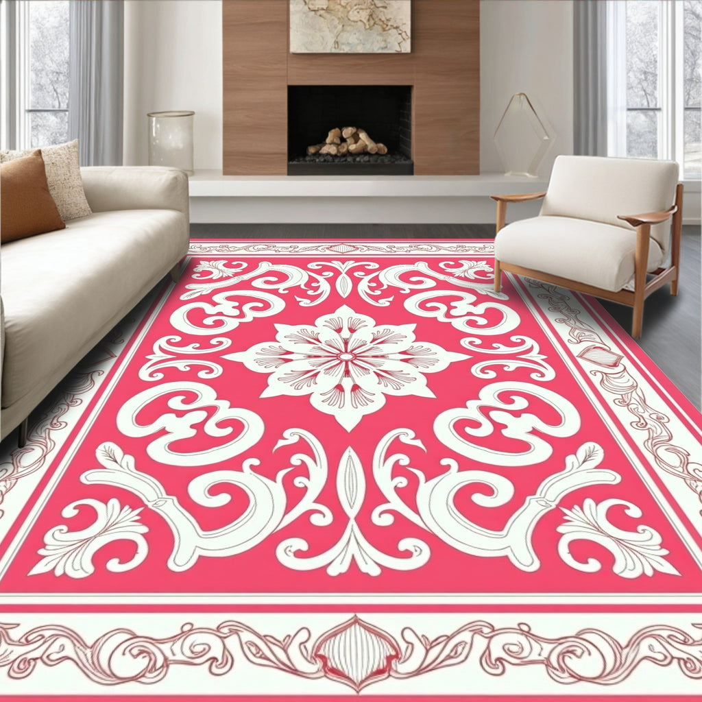 Ornate Floral Symmetry Red and White Rug