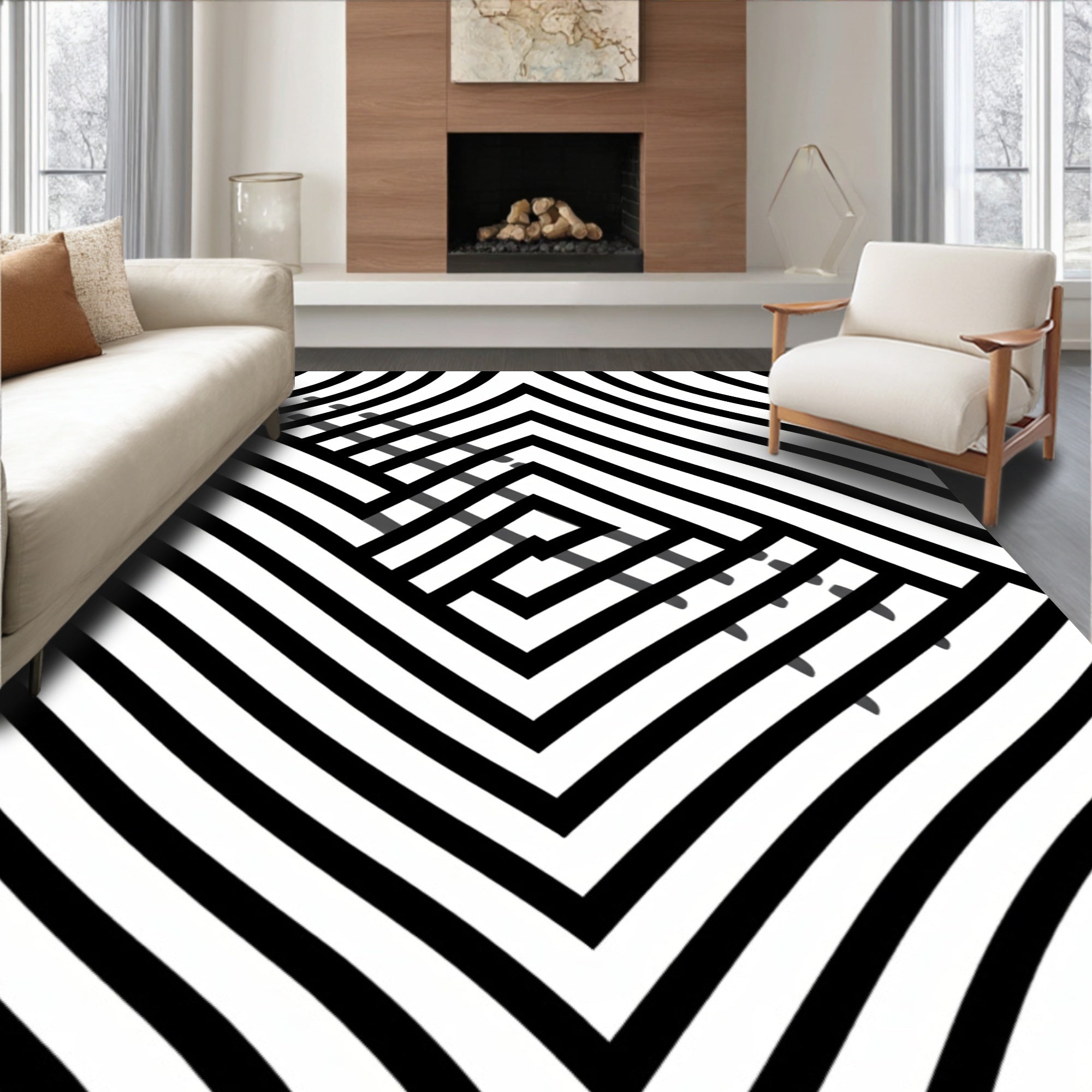 Black And White Striped Geometric Design Rug