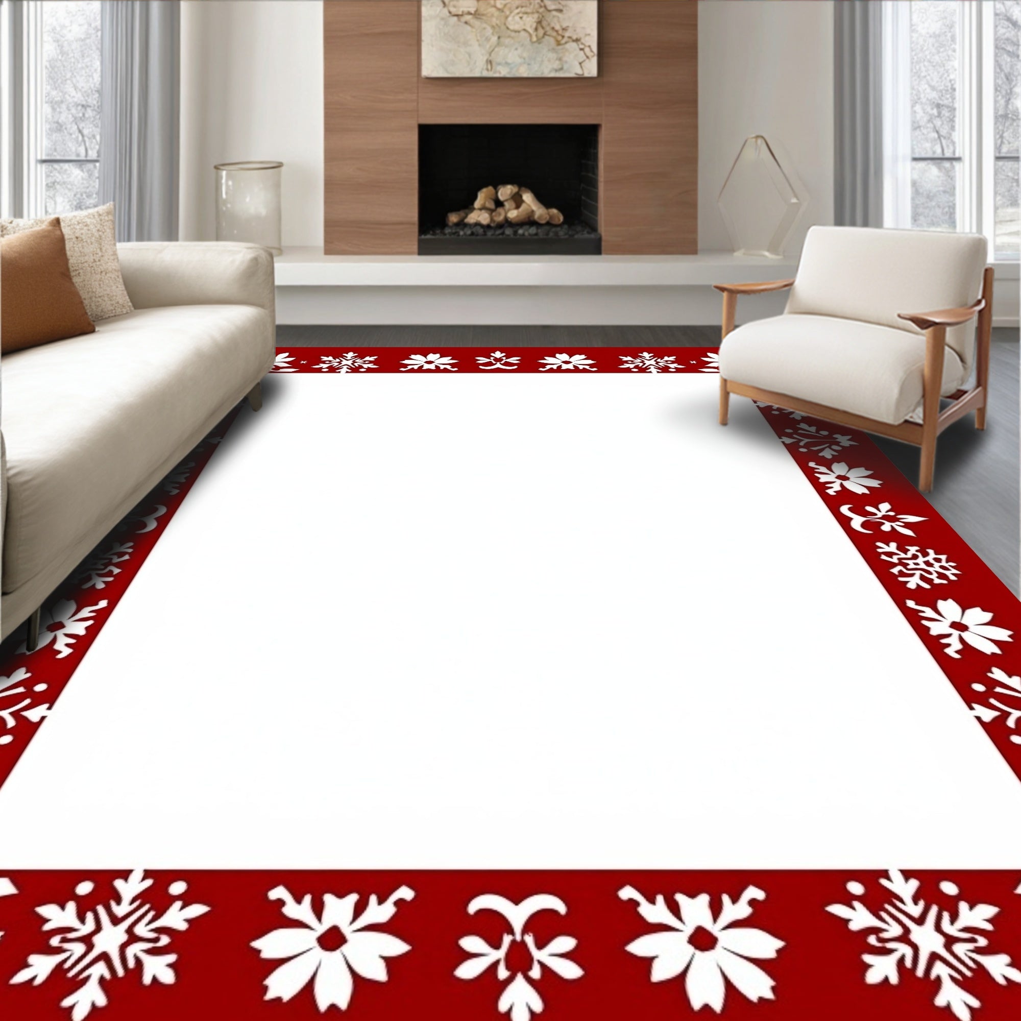 Winter Snowflake Floral Decorative Border Rug