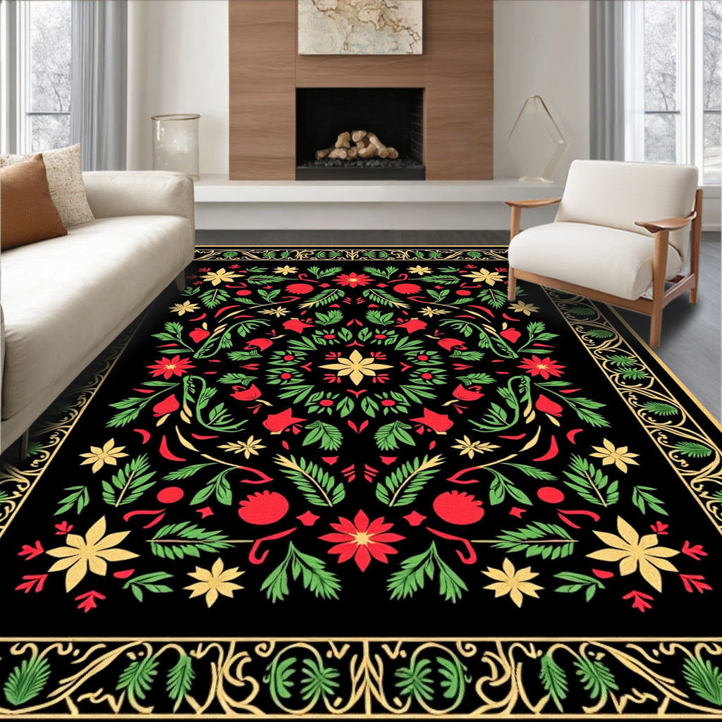 Black Floral Medallion Red Green Gold Rug