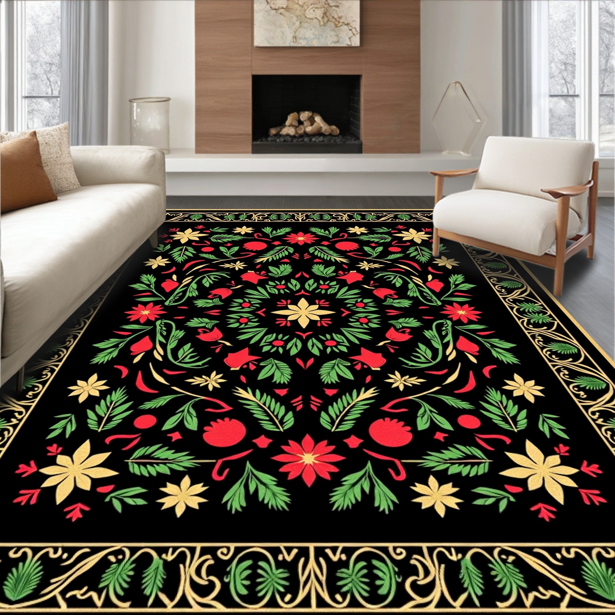 Black Floral Medallion Red Green Gold Rug