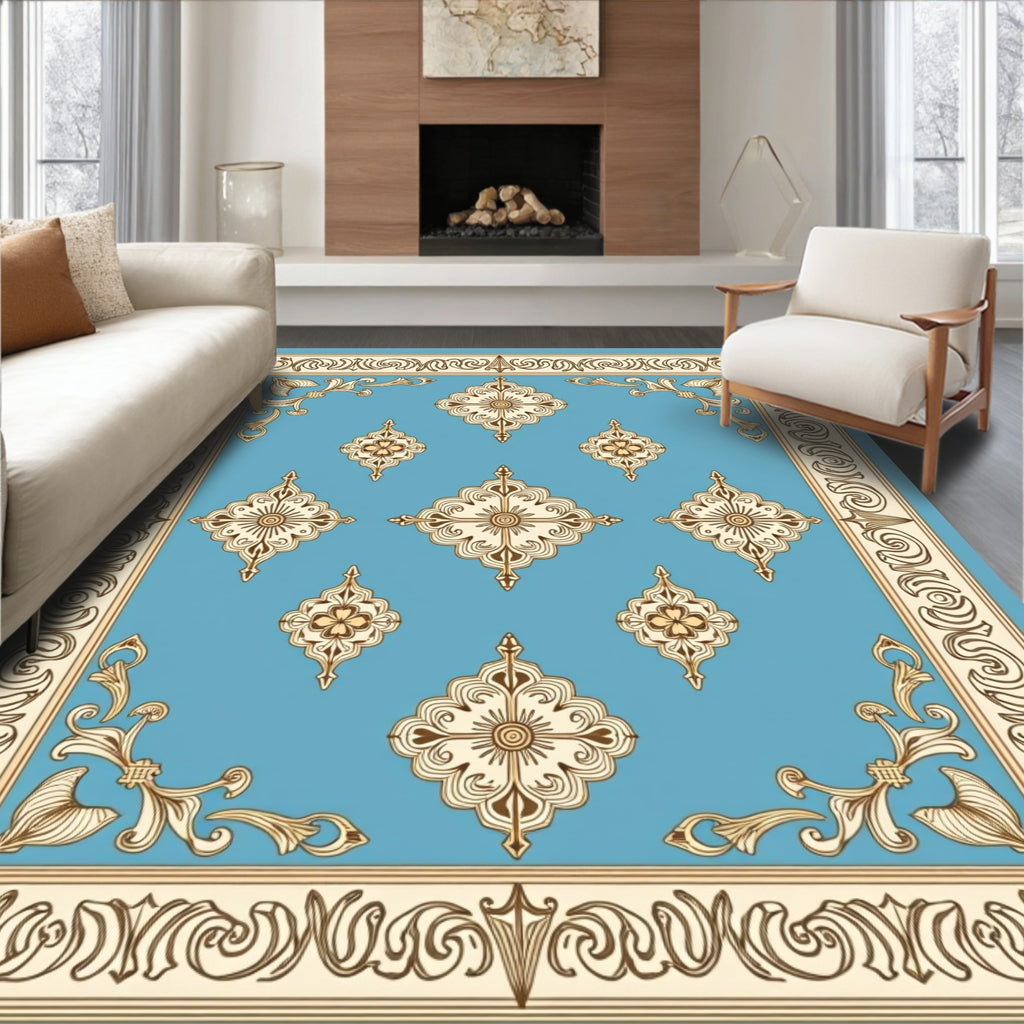 Ornamental Floral Medallion Border Design Rug