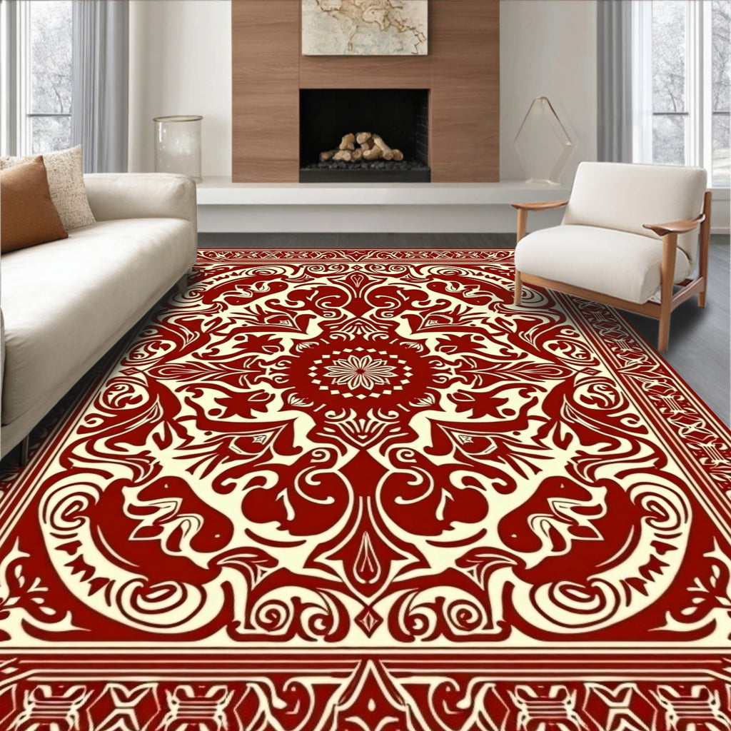 Ornate Ivory Red Floral Design Rug
