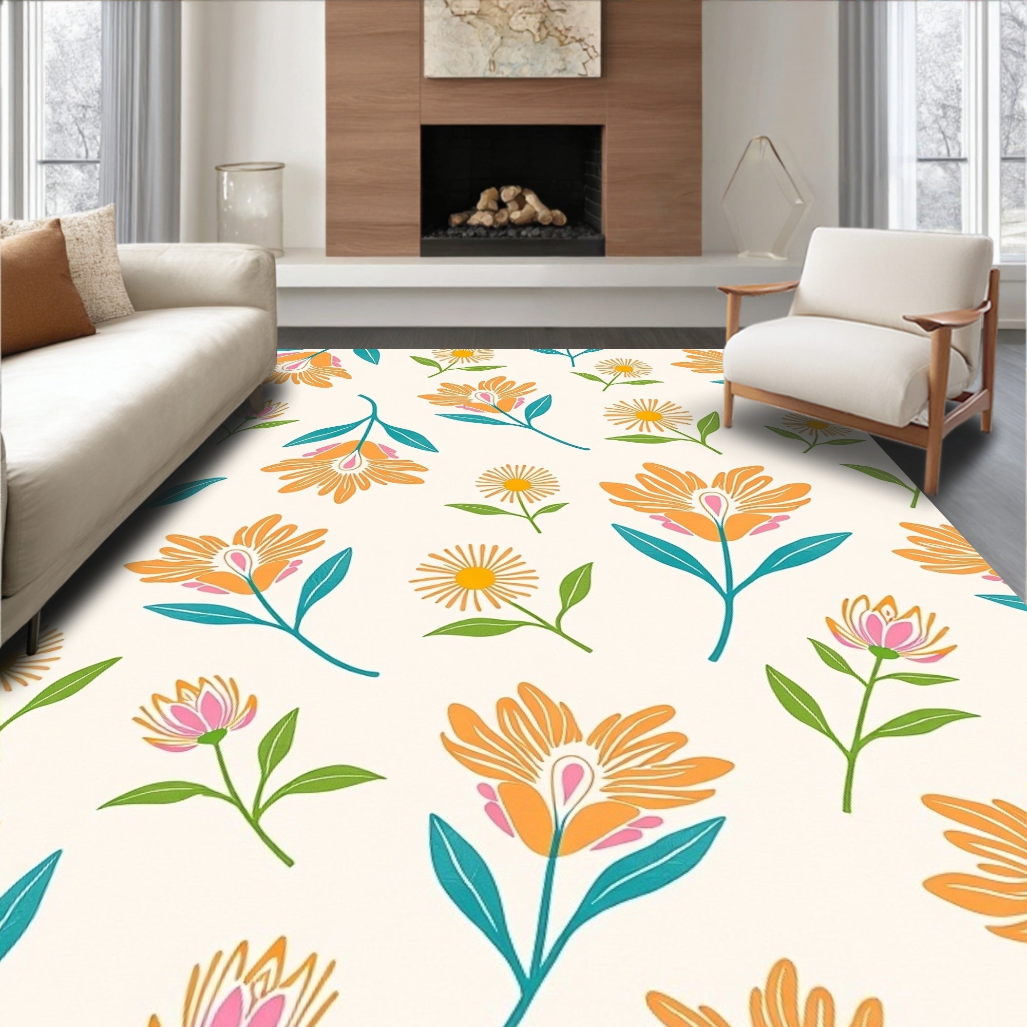Retro Floral Pattern In Orange Teal Rug