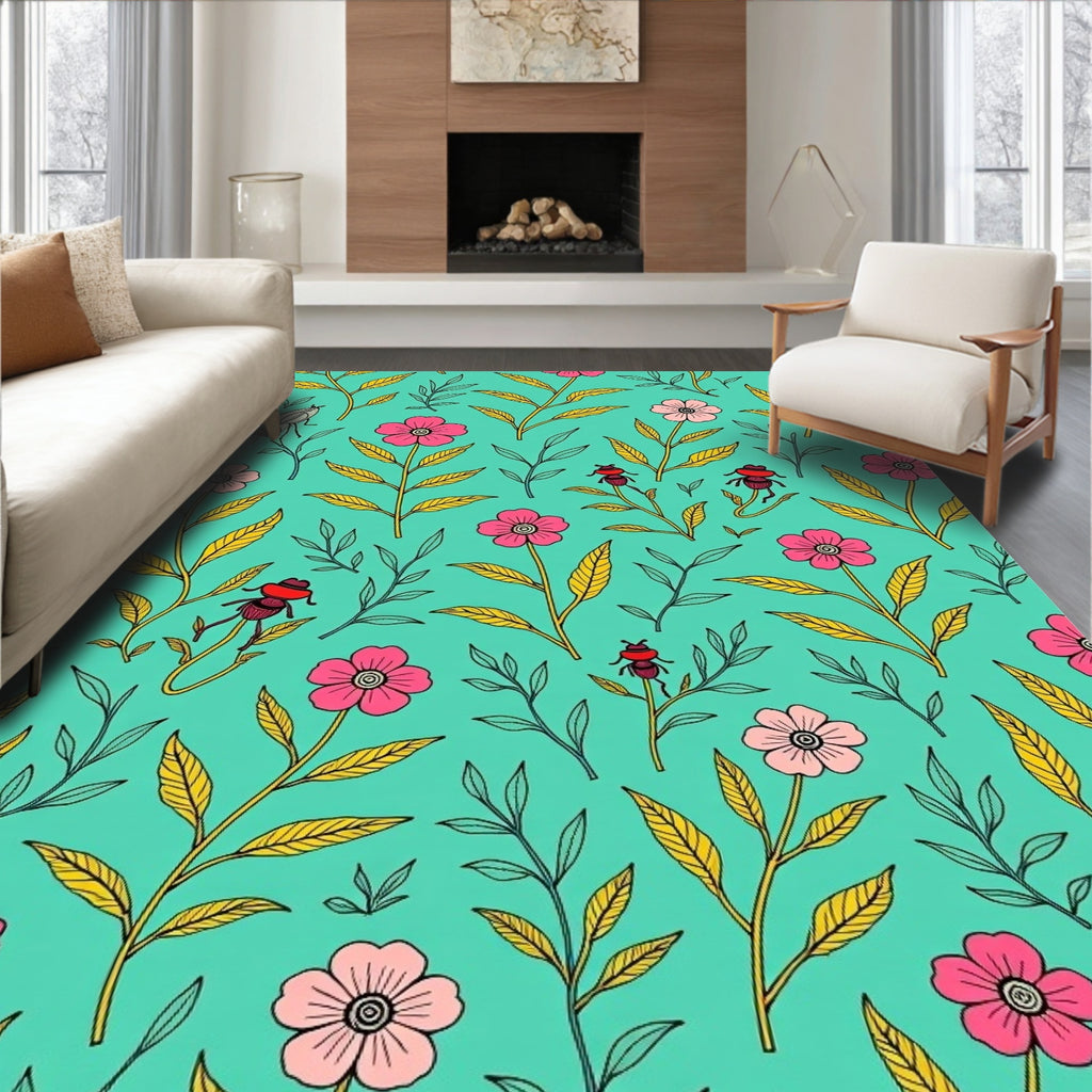 Whimsical Floral and Insect Illustration Rug
