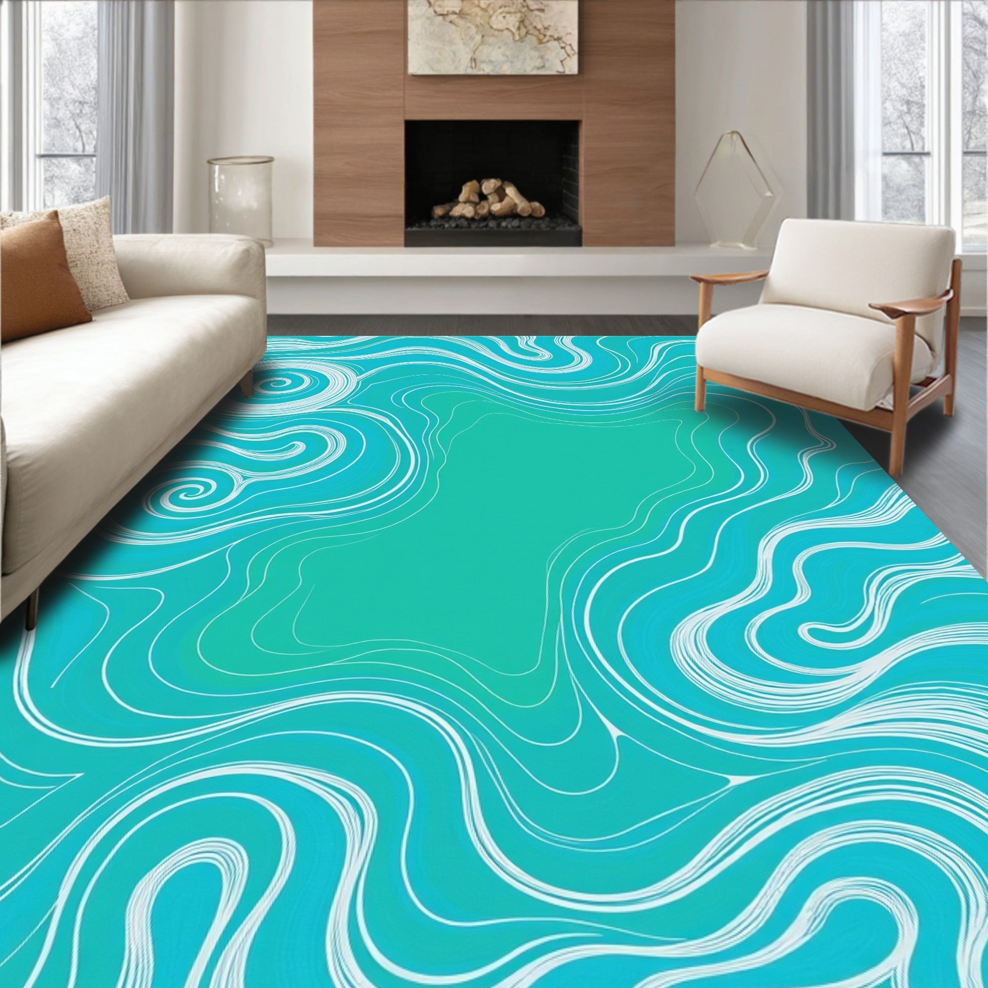 Turquoise Teal Swirling Abstract Lines Rug